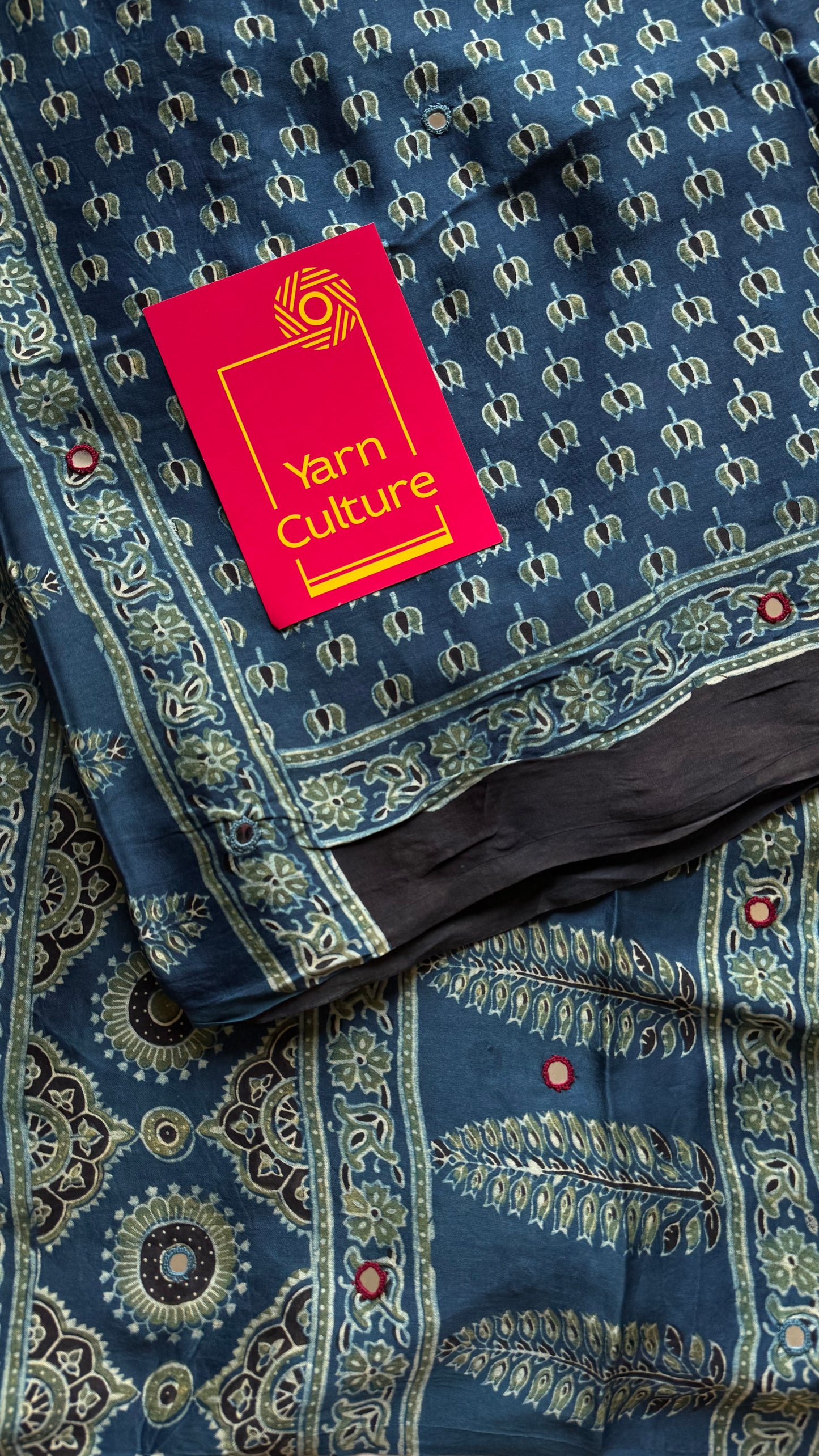 Indigo pure modal silk saree with ajrakh handblock print and mirror work - YCTOKAJM339