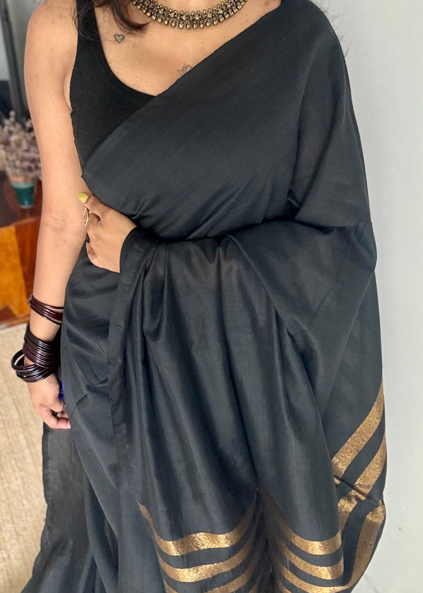 Black khadi with antique gold pallu - YCBCKZPSE01