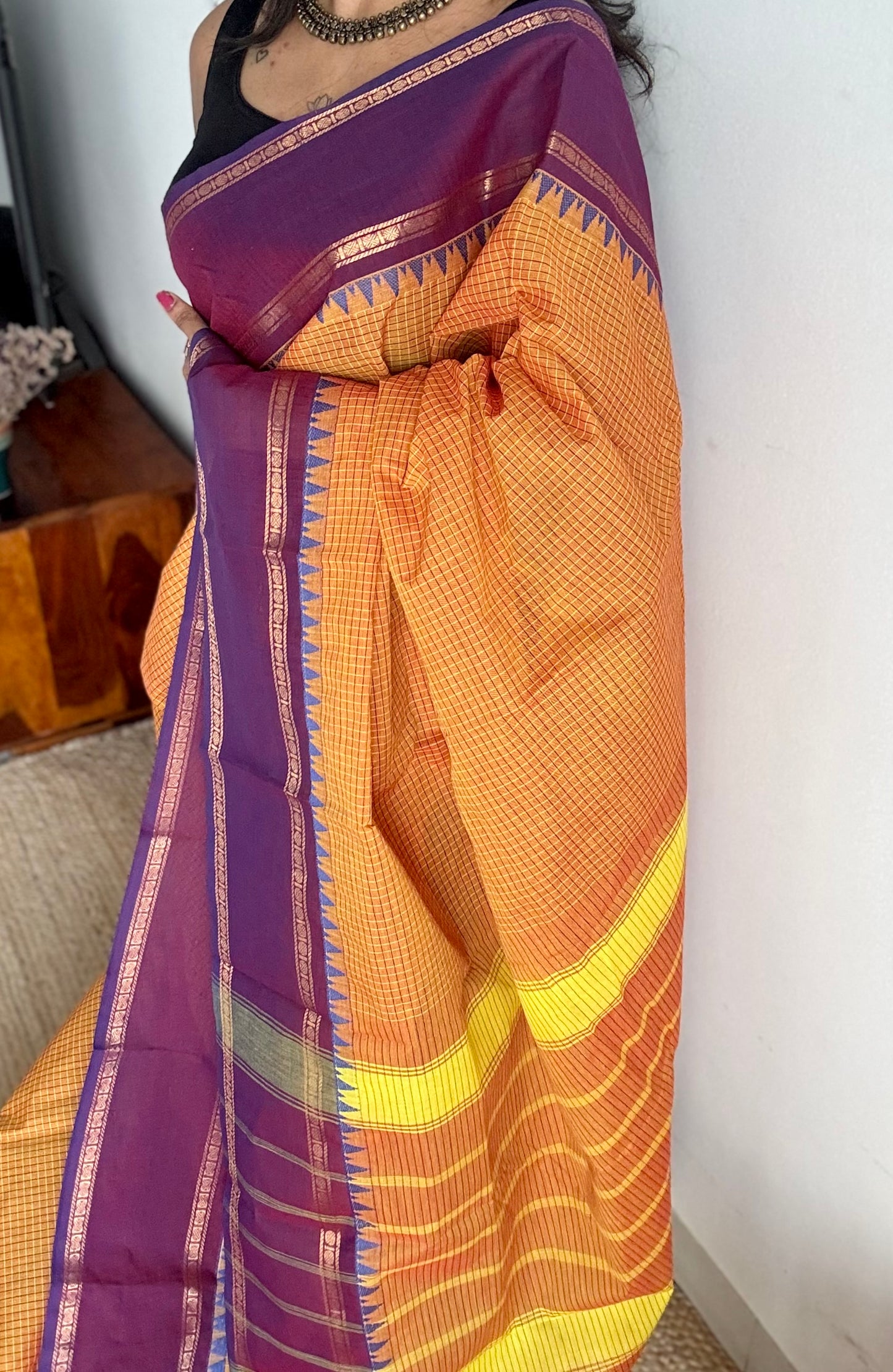 Orange with purple border, temple motifs, checkered body, kanchi cotton - YCCOTNOCKC26