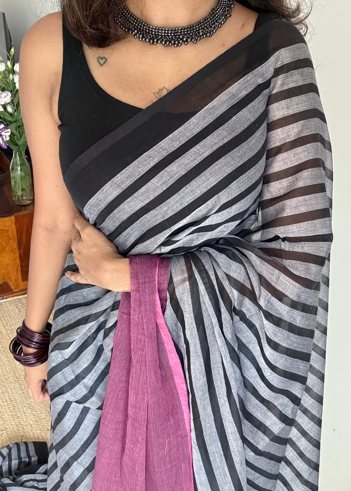 Black Mist - Pink and black stripes, reversible, mul cotton YCBCAUWSM01