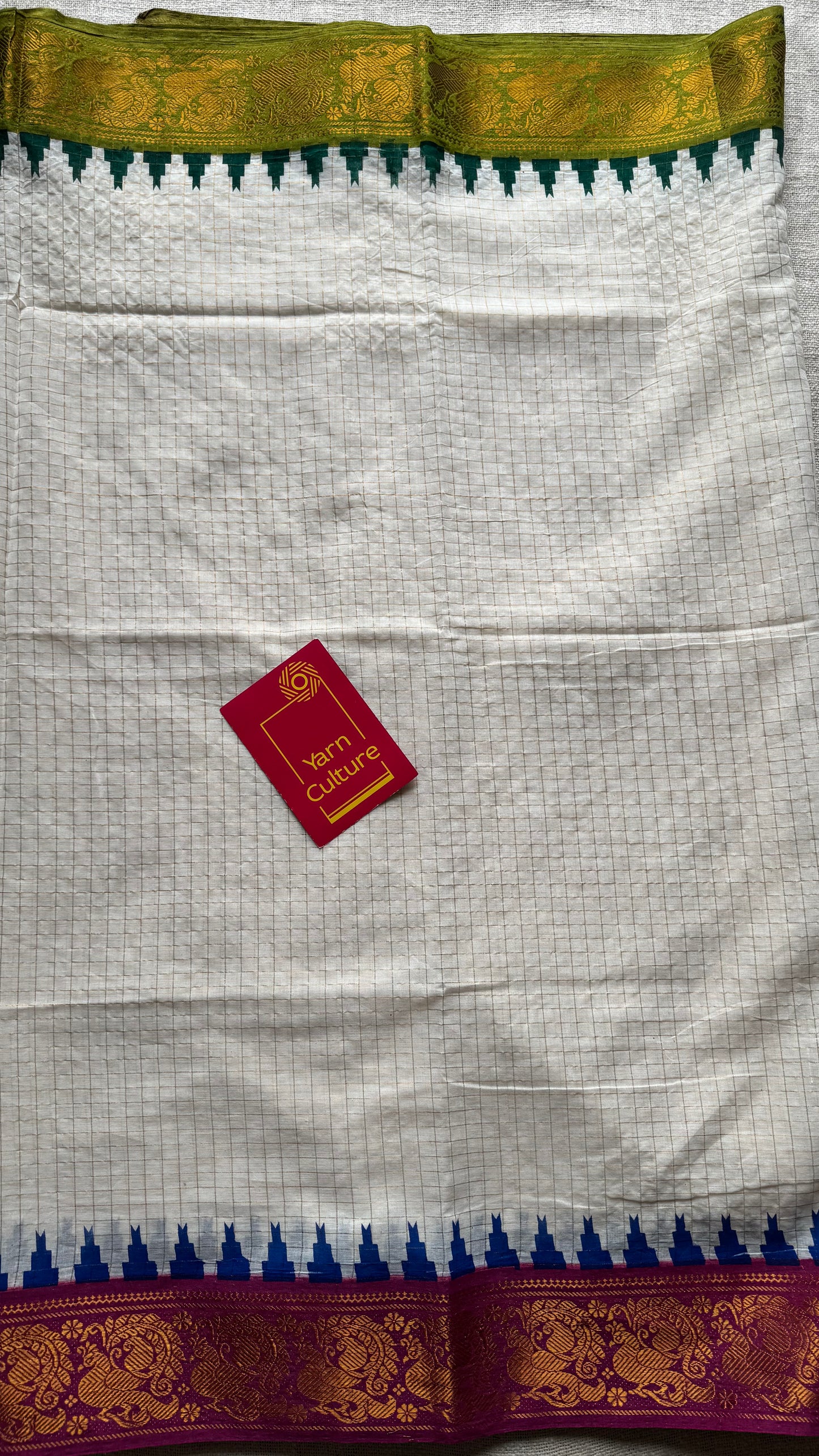 Sungudi cotton checks, ivory gold base, green and magenta dual tone border, soft cotton - YCCOTNSEMS60