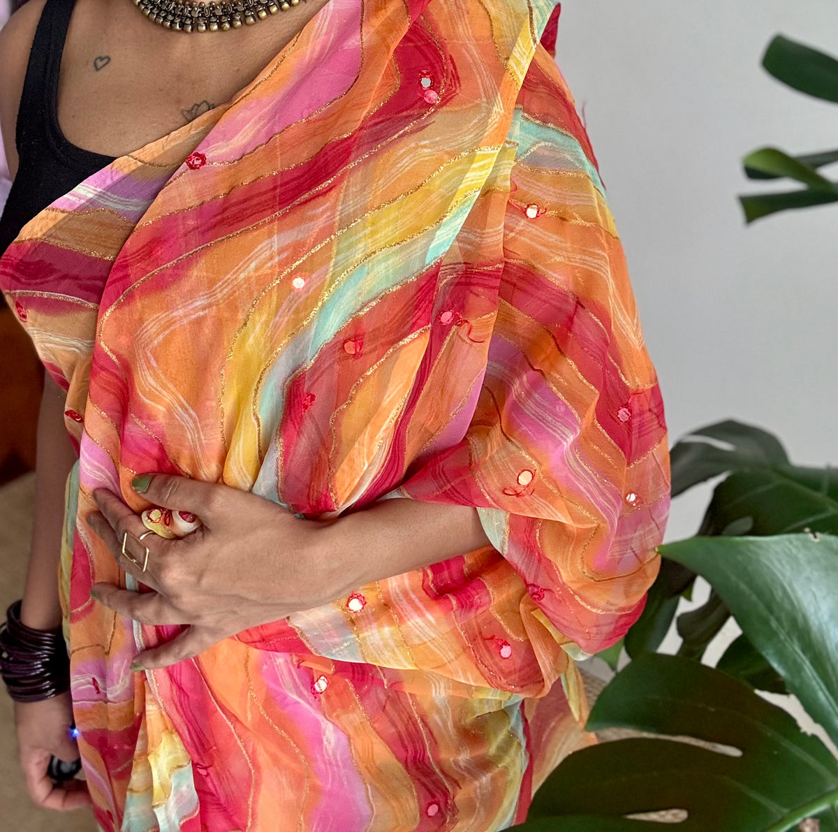 Red orange multicoloured leheriya chiffon saree with mirror work - YCTORLOC96