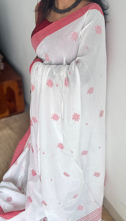 White with red border, jamdani motifs, soft cotton - YCBCDP08