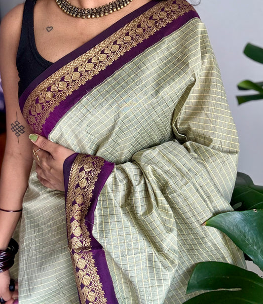 Warm grey with purple, zari checkered saree, cotton silk - YCCOTNKCOC105