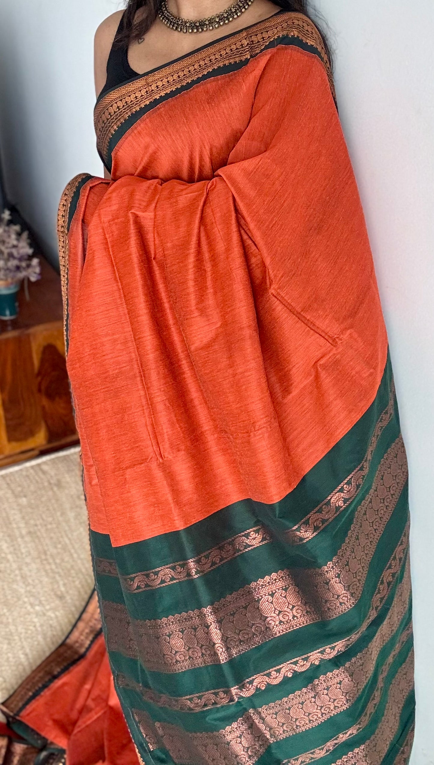 Orange with dark green - cotton silk - YCCOTNSEKCS04