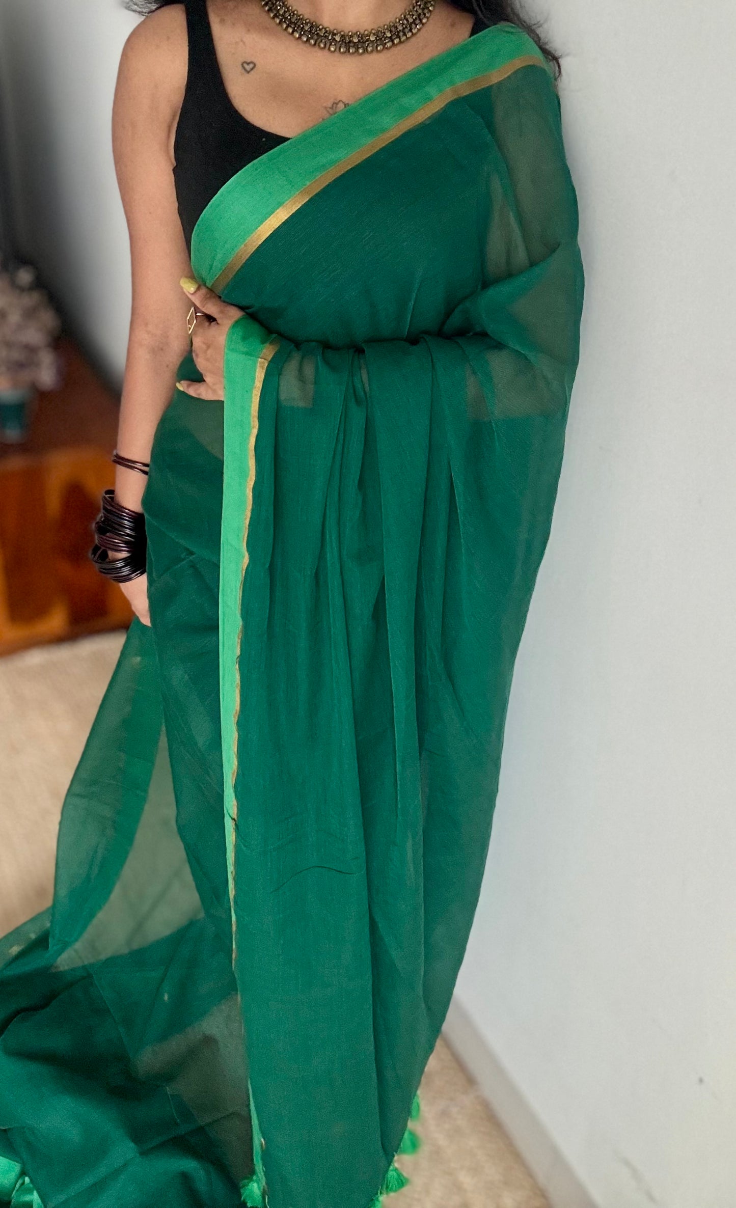 Dark green with light green contrast border, gold zari line - YCBCMCLSE09