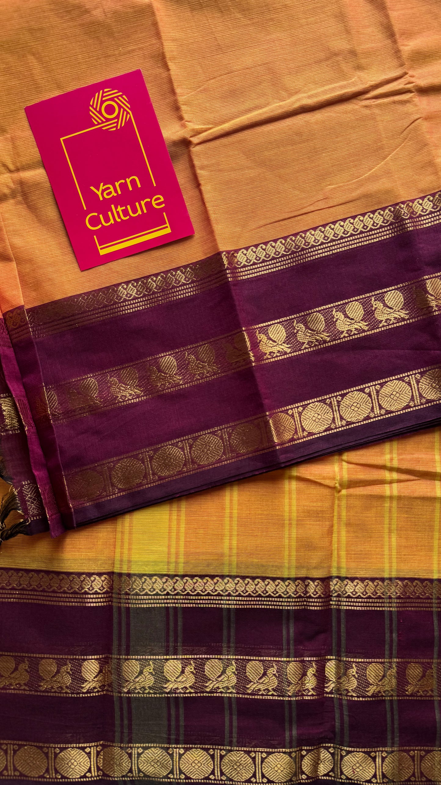 Light orange with maroon contrast border, chettinad cotton - YCCOTNOCCC02