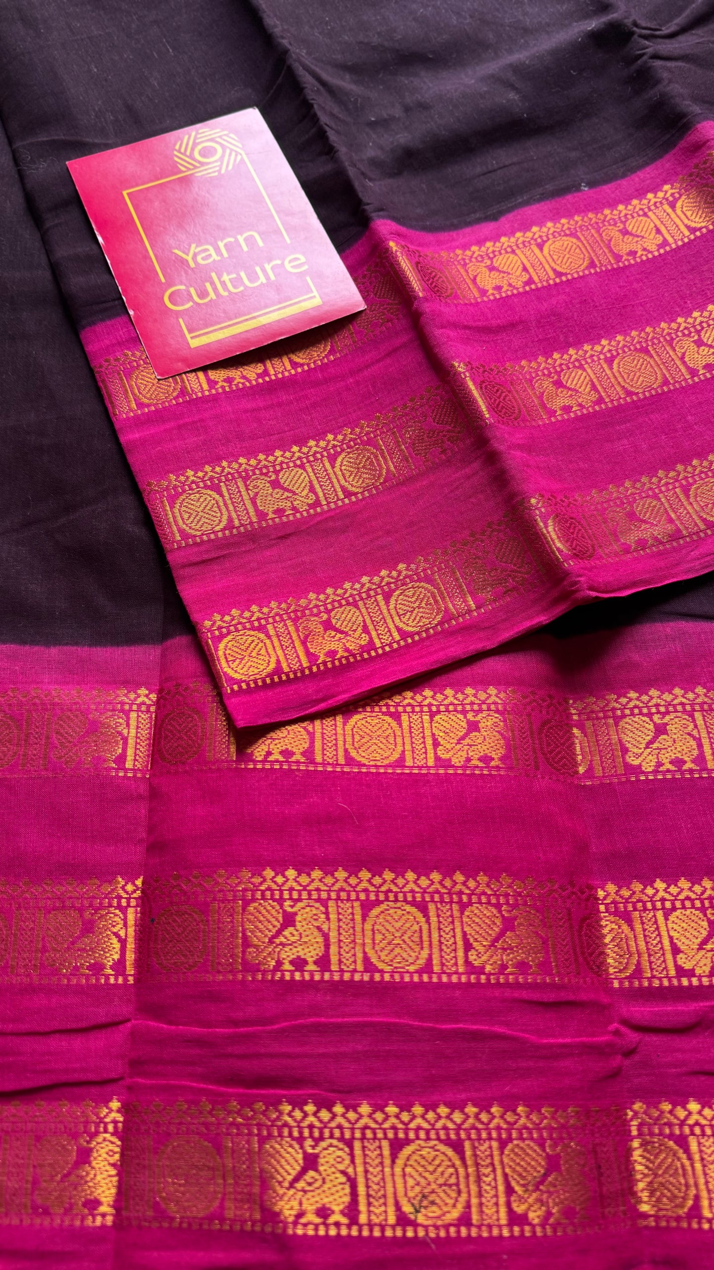 Wine with hot pink border, peacock and rudraksham motif, madurai soft cotton - YCCOTNJUSC03