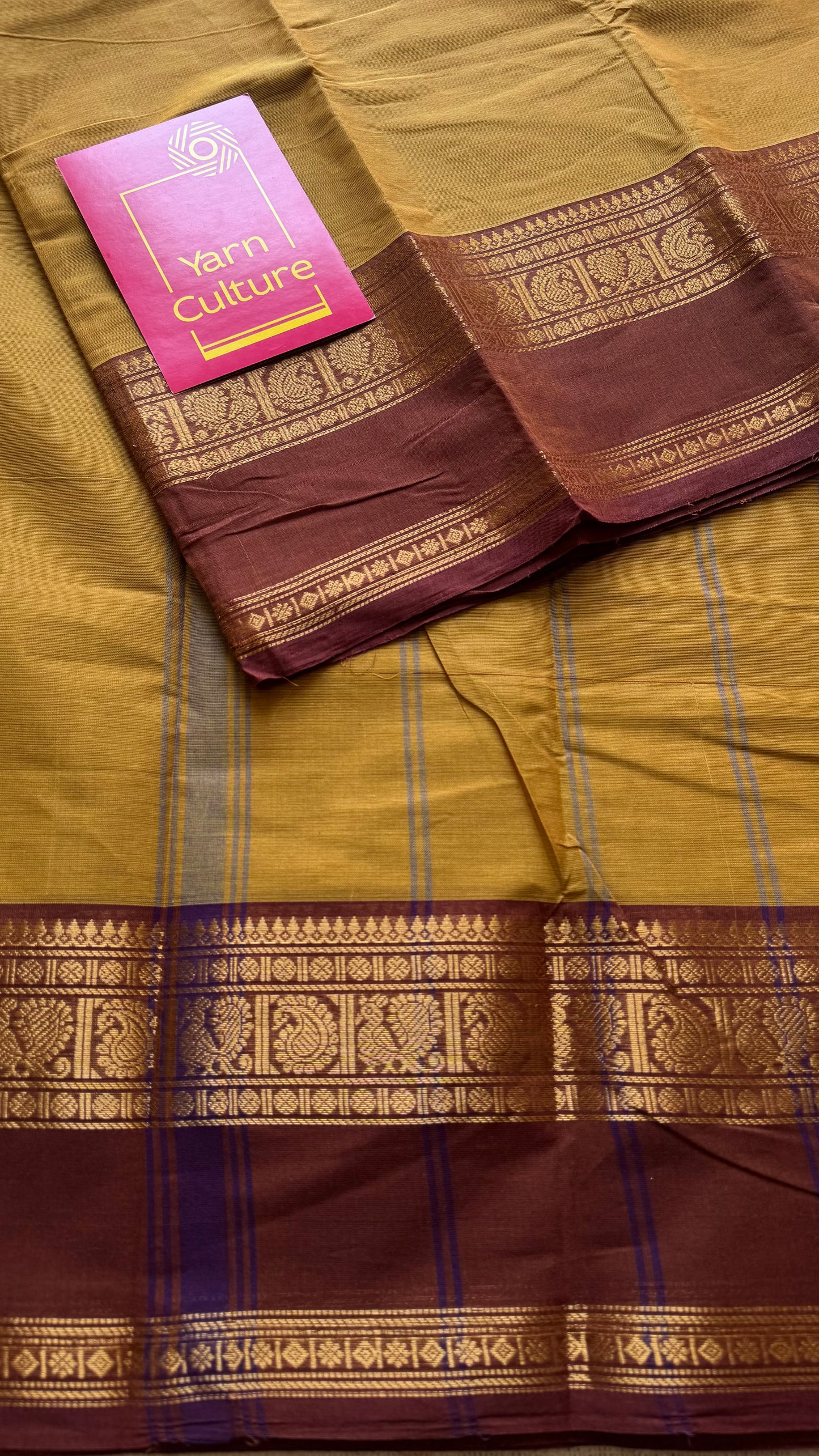 Ginger yellow with brown Chettinad cotton saree with rettaipettu peacock border - YCCOTNCCFE158