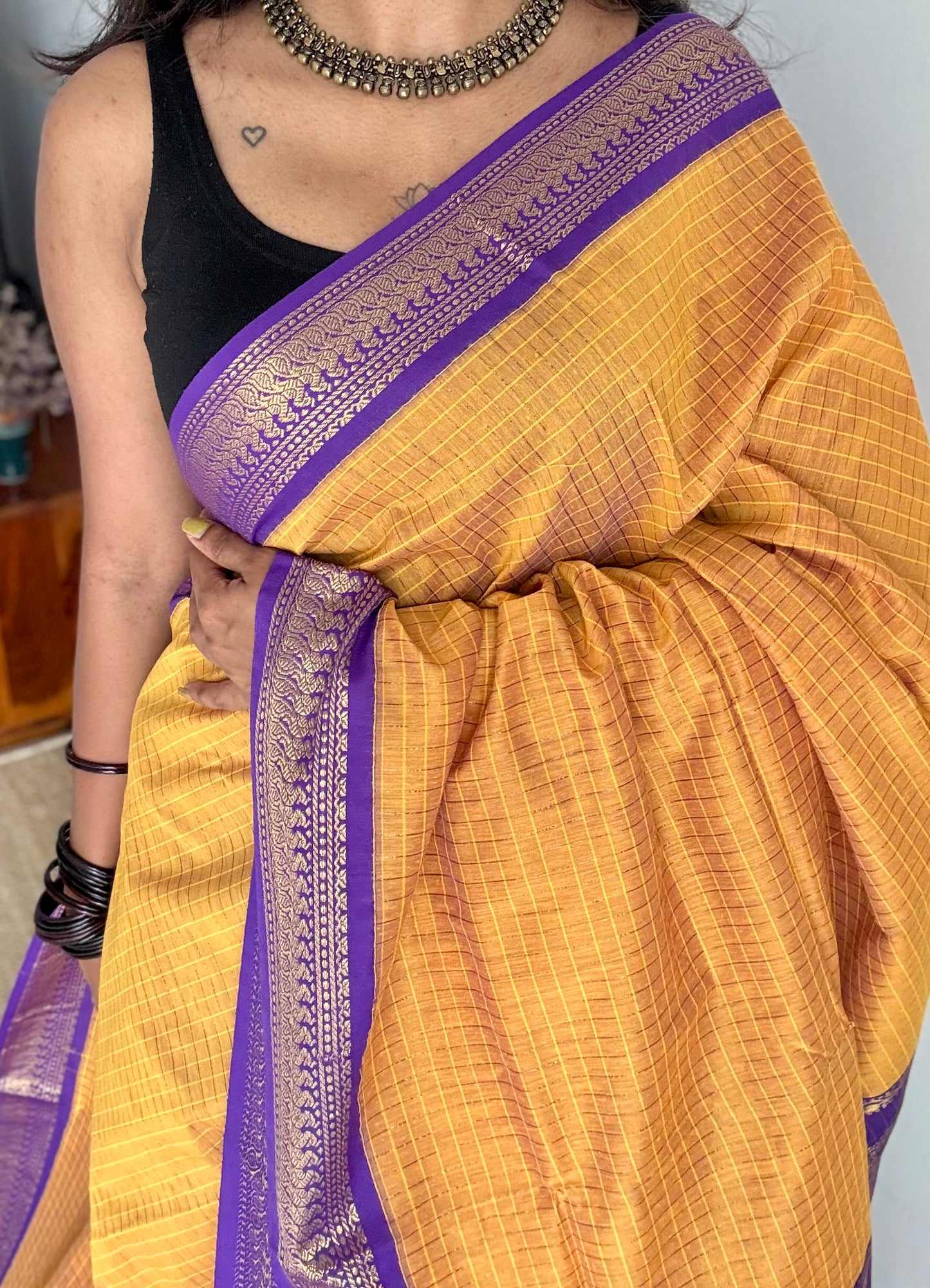 Yellow with purple, checks - cotton silk - YCCOTNSEKCS09