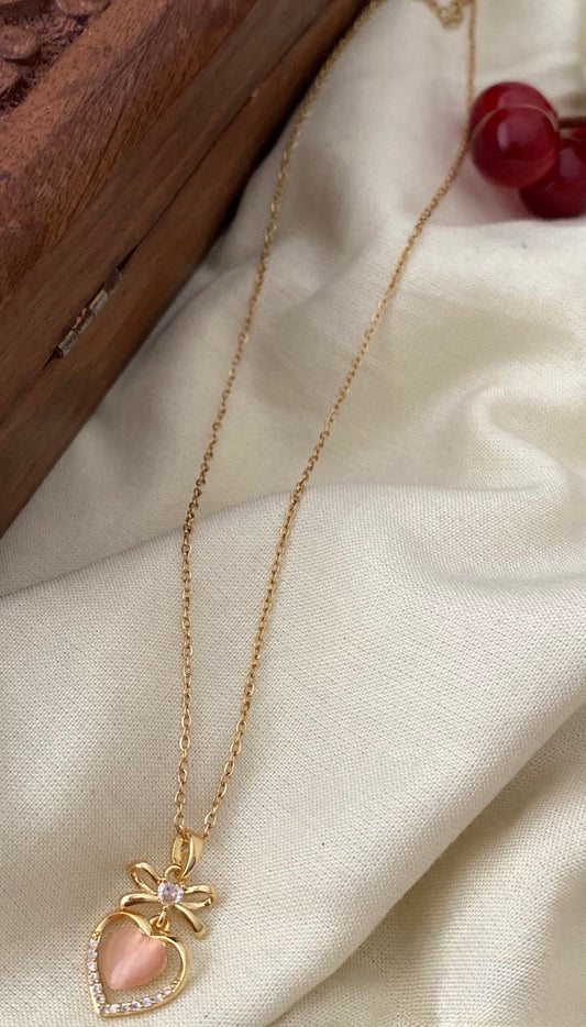 Gold plated chain, pink stone, heart pendant - YCGPC251