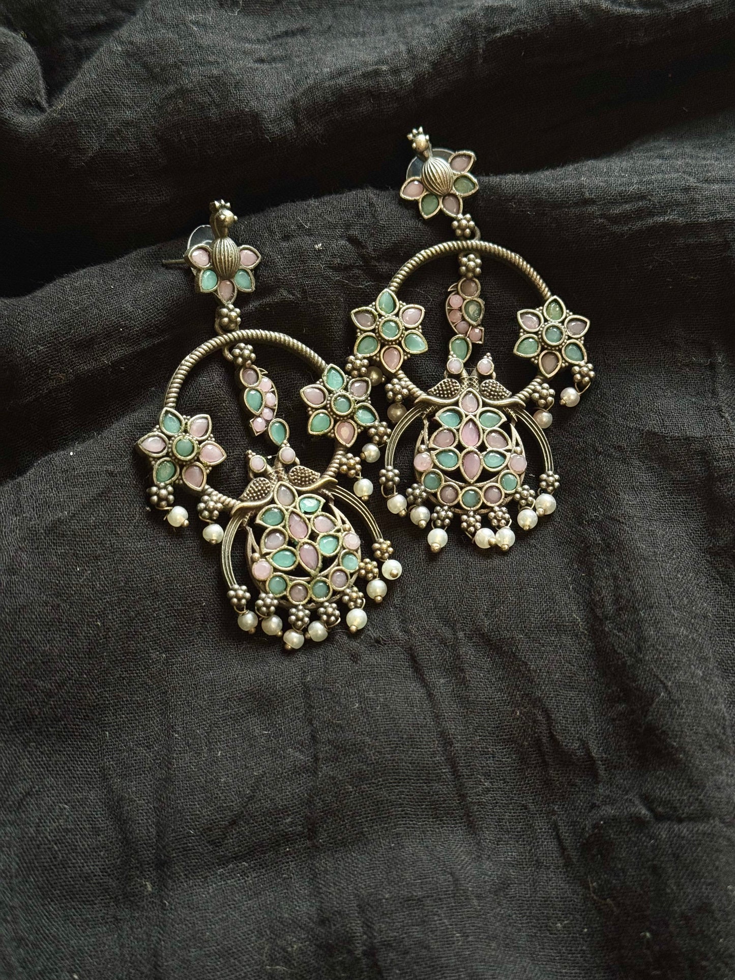 Peacock dangler earring with baby pink and mint stones - YCOSED593