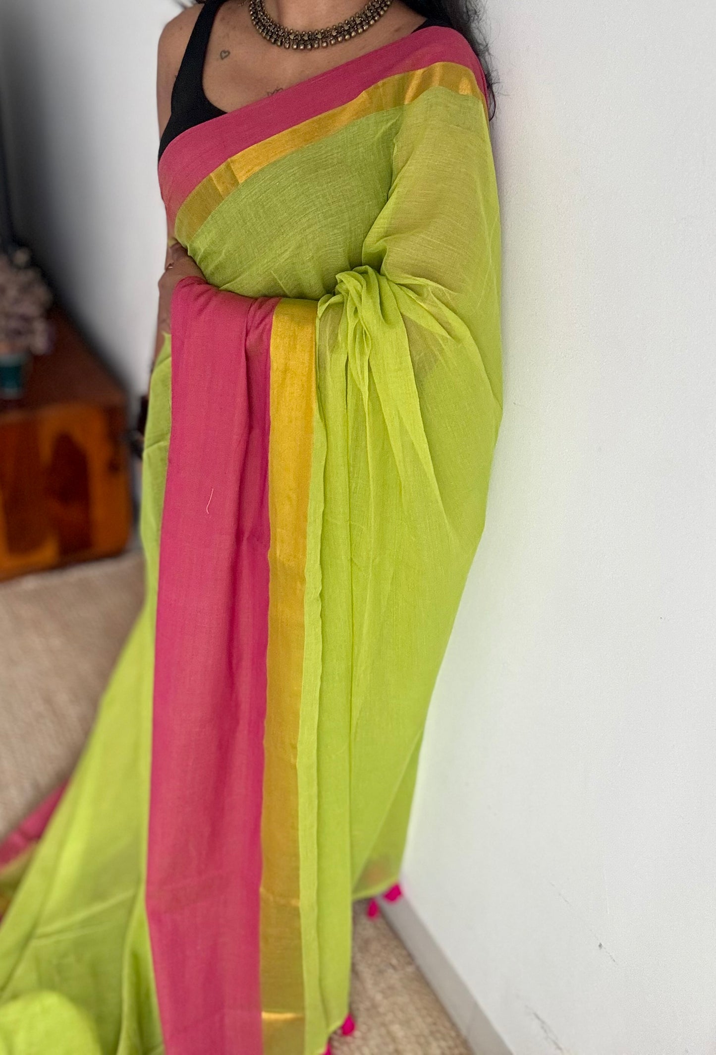 Lime green with contrast dark pink border, gold zari - YCBCMCLSE13