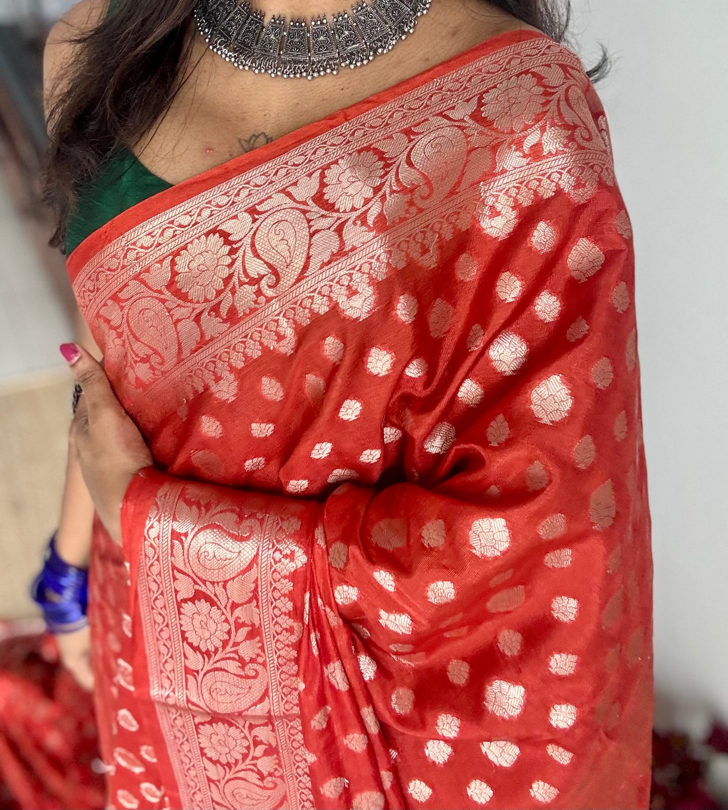 Burnt red, silver buttas and zari, Banarasi semi-silk - YCDESE36