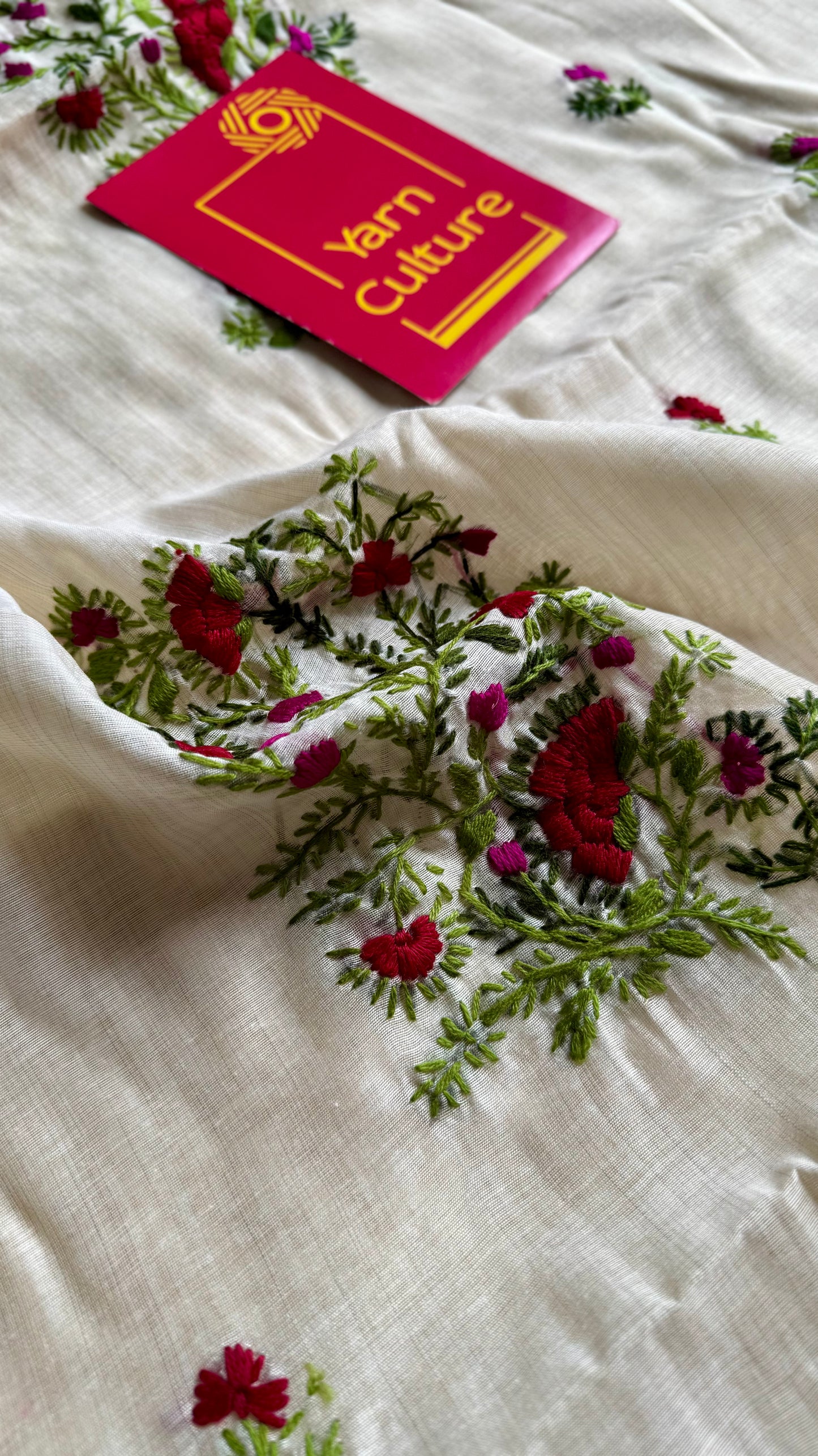 Ivory maheshwari cotton silk blend with red and magenta floral kantha threadwork - YCBLJULMK02