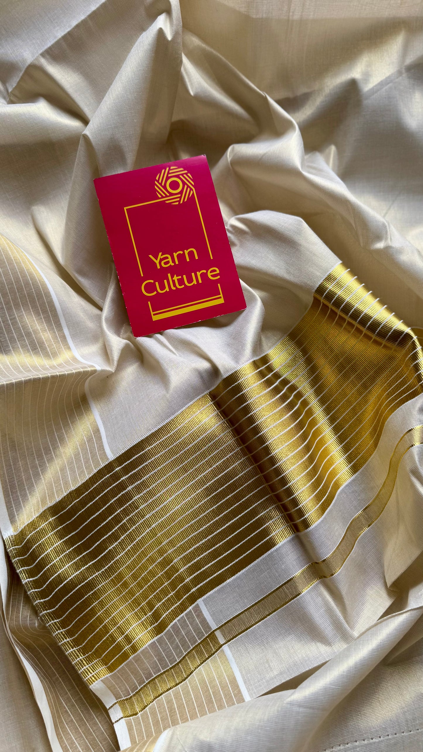 Ivory and gold tissue with striped border, kerala soft cotton - YCON25MC271