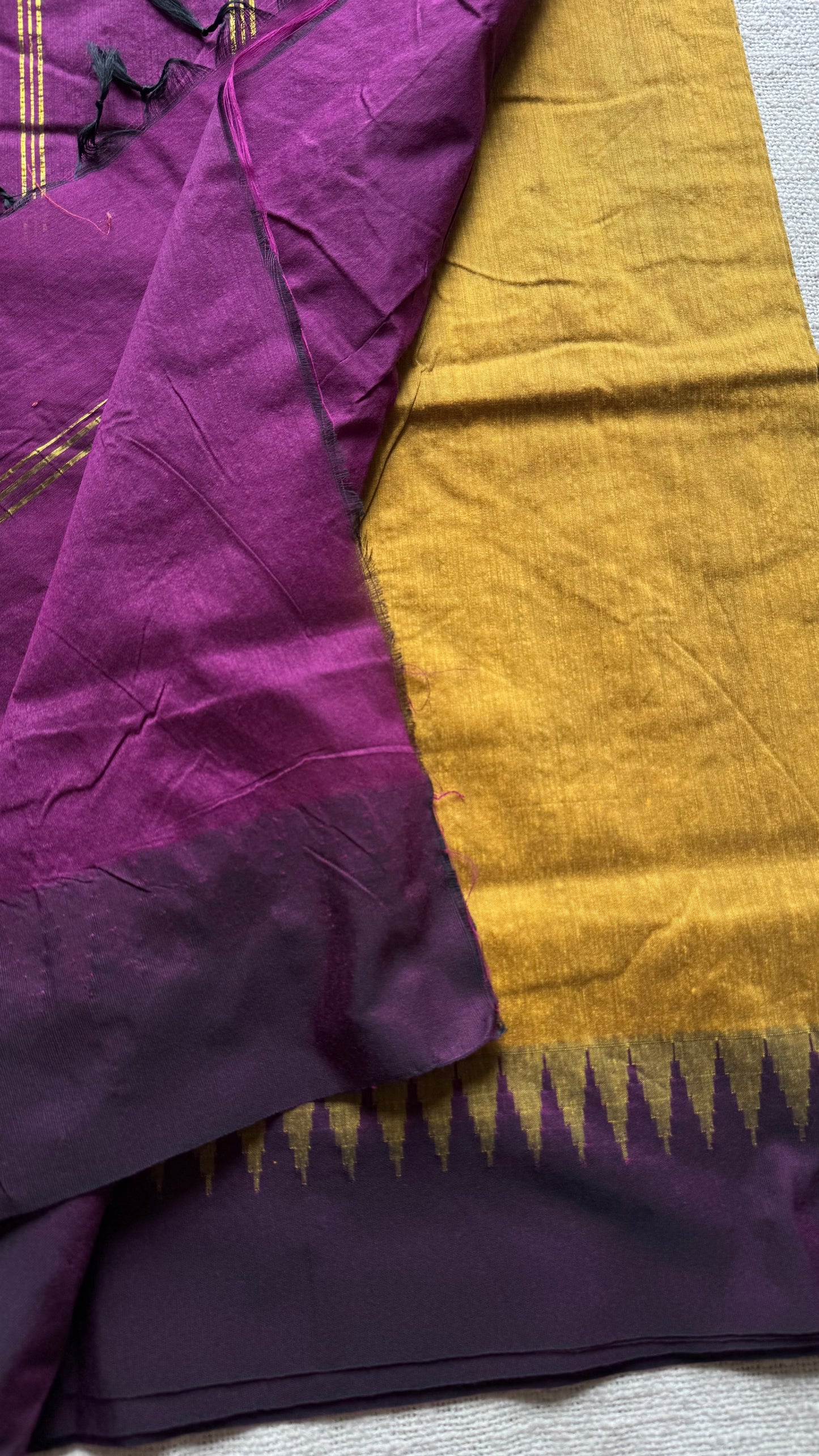 Yellow with wine temple border - kalyani cotton silk -YCCOTNSEKCS14