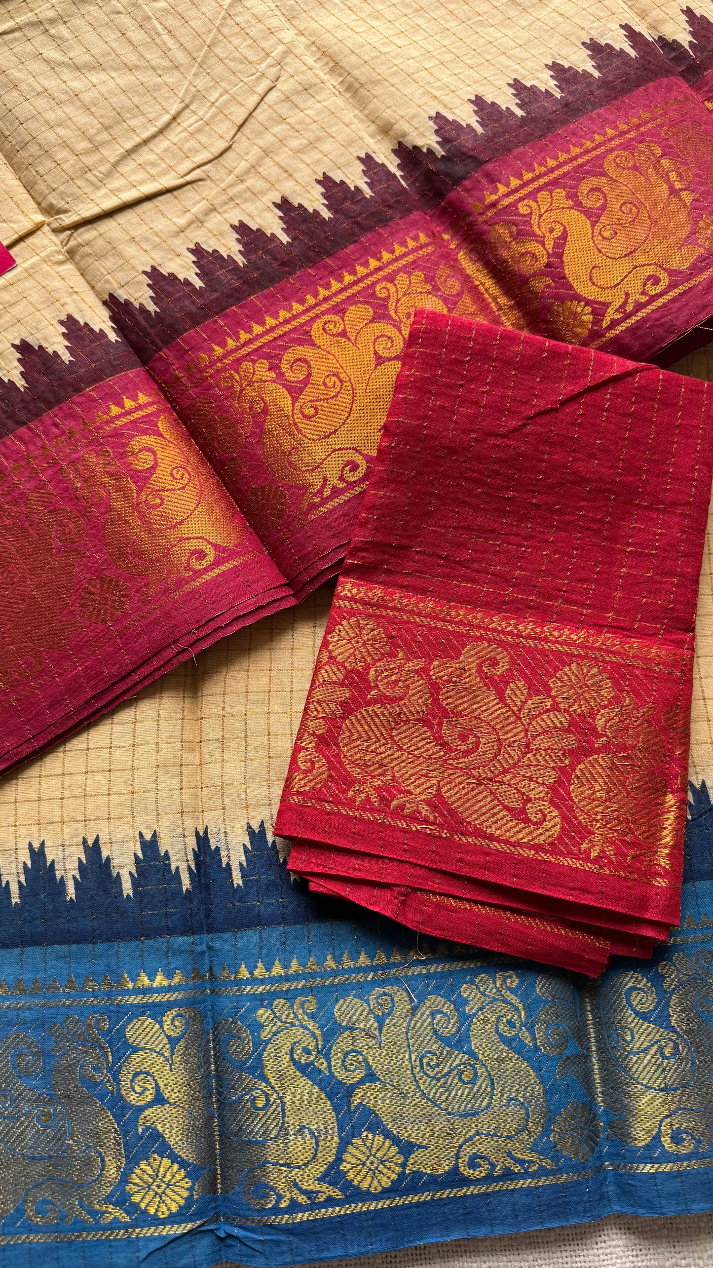 Blue - red sungudi cotton checks, sandal colour base, soft cotton - YCCOTNJSUN01