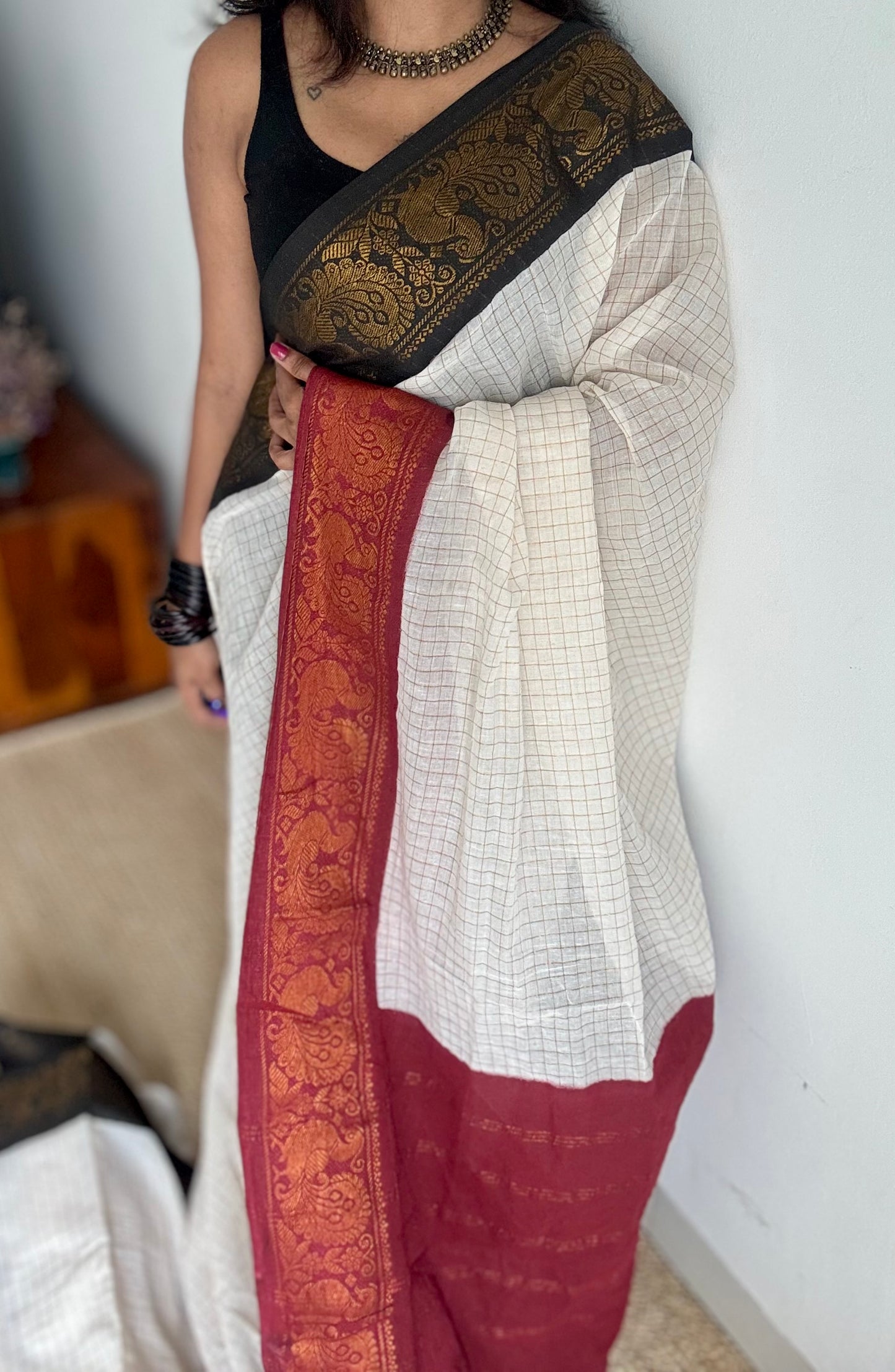 Sungudi cotton checks, ivory gold base, black and maroon dual tone border, soft cotton - YCCOTNAUS35
