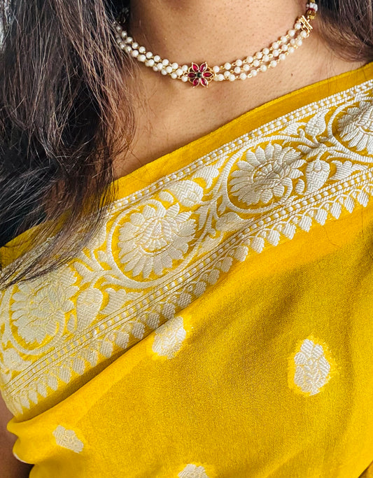 3 layered pearl neckpiece, floral pendant, with earrings - YCGPNP641