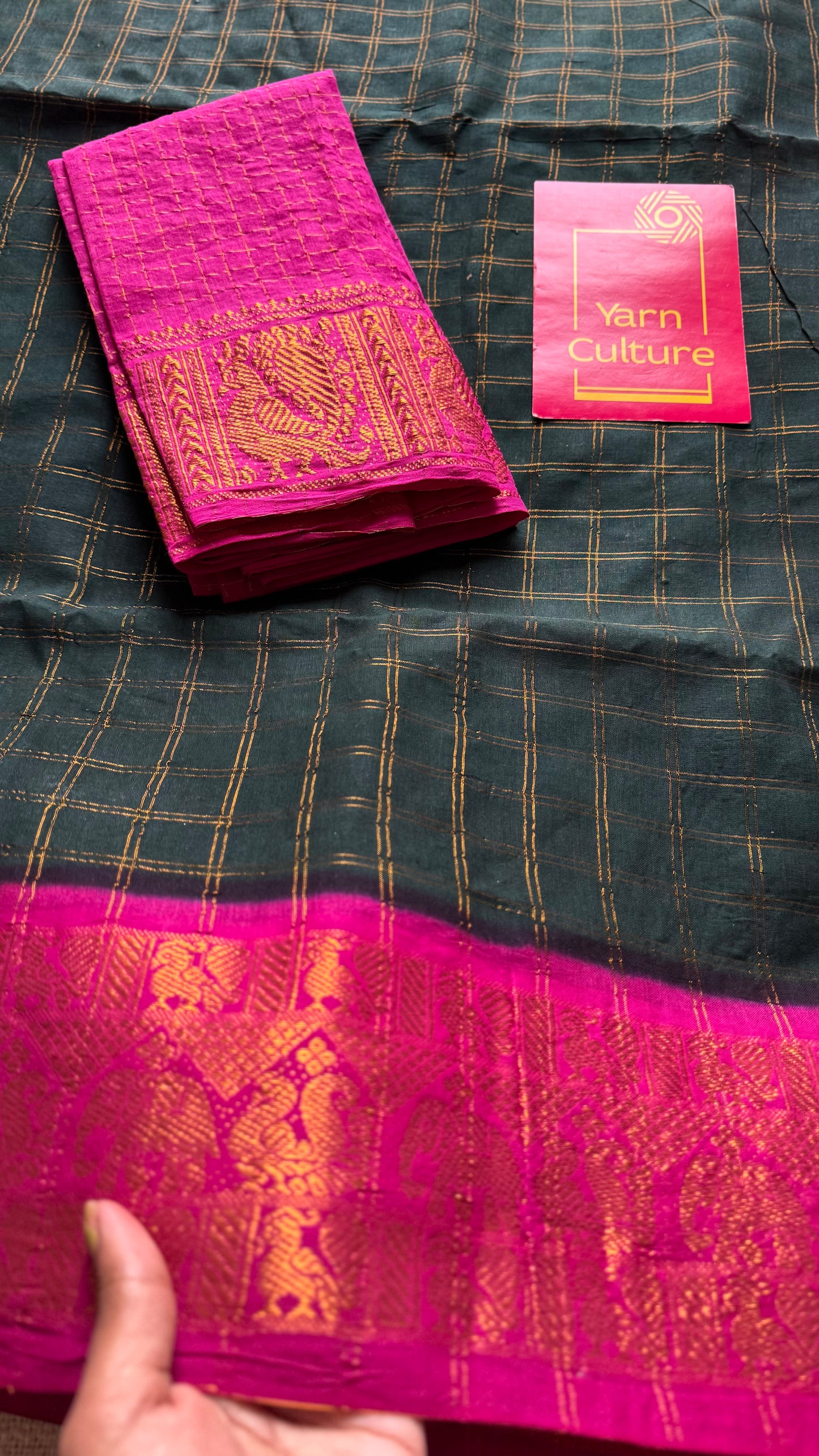 Dark green with magenta checks, kattuchayam dyed, madurai cotton - YCCOTNSEMS92