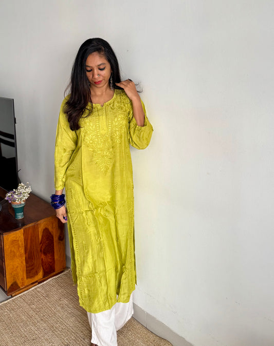 Lime green muslin chikankari with ghas patti work, stitched kurta, round neck, three fourth sleeves - YCSECK37