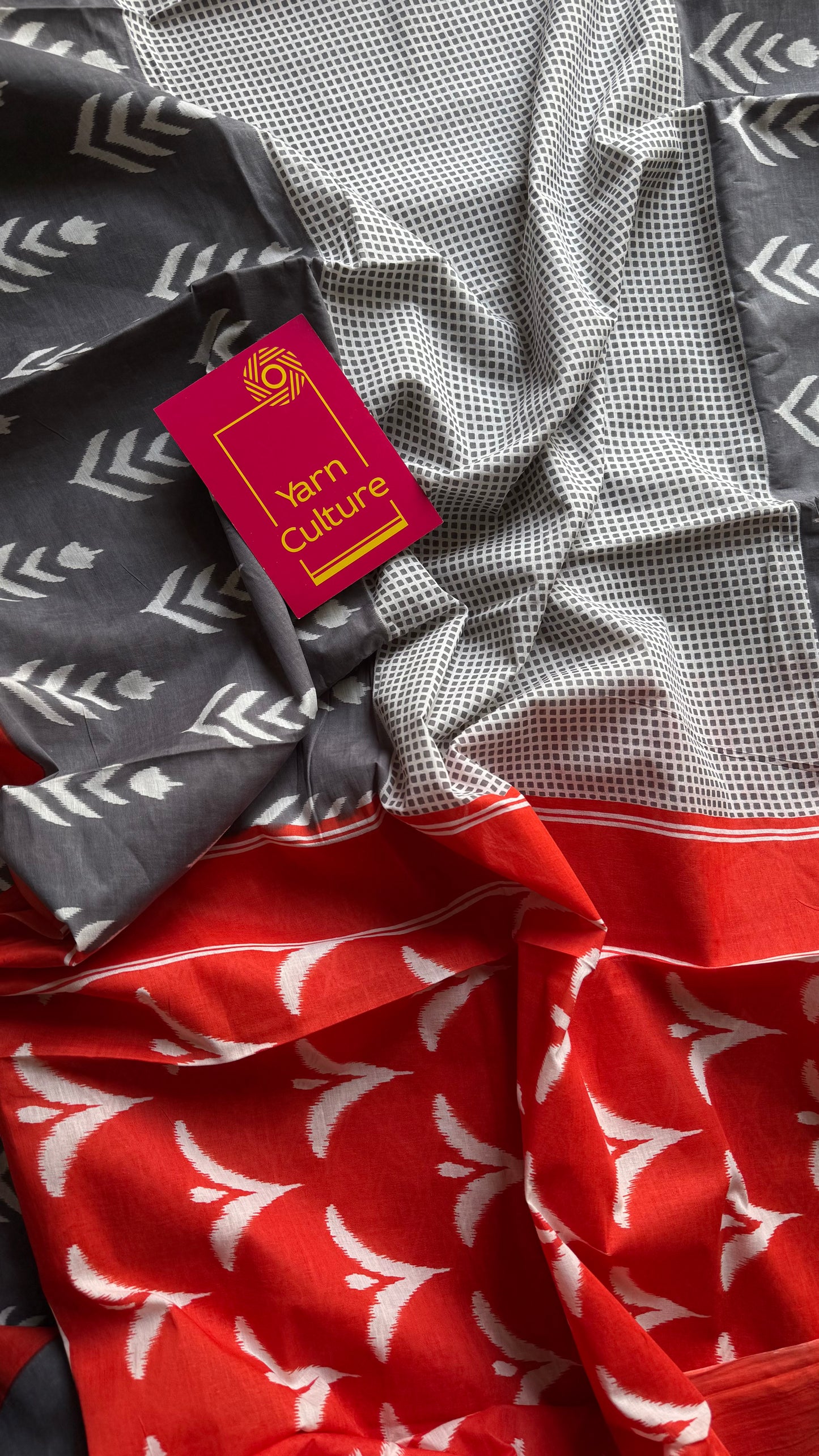 Grey with red border, white motifs, soft cotton saree - YCTORCMA07