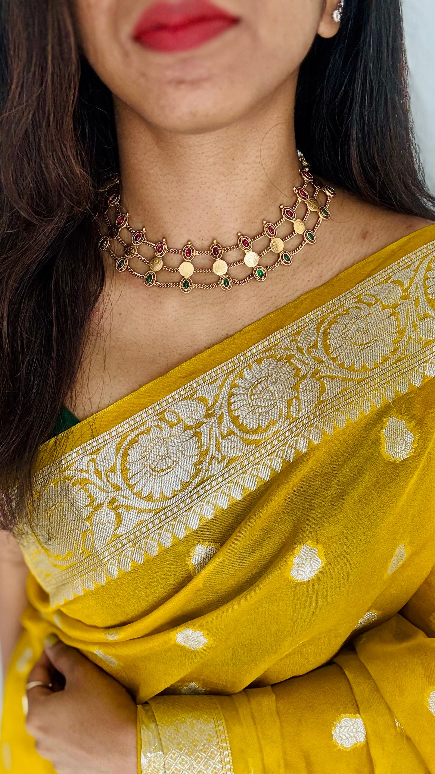 Antique gold three layered coin choker neckpiece, ruby and green stones, with earrings - YCAGNP259