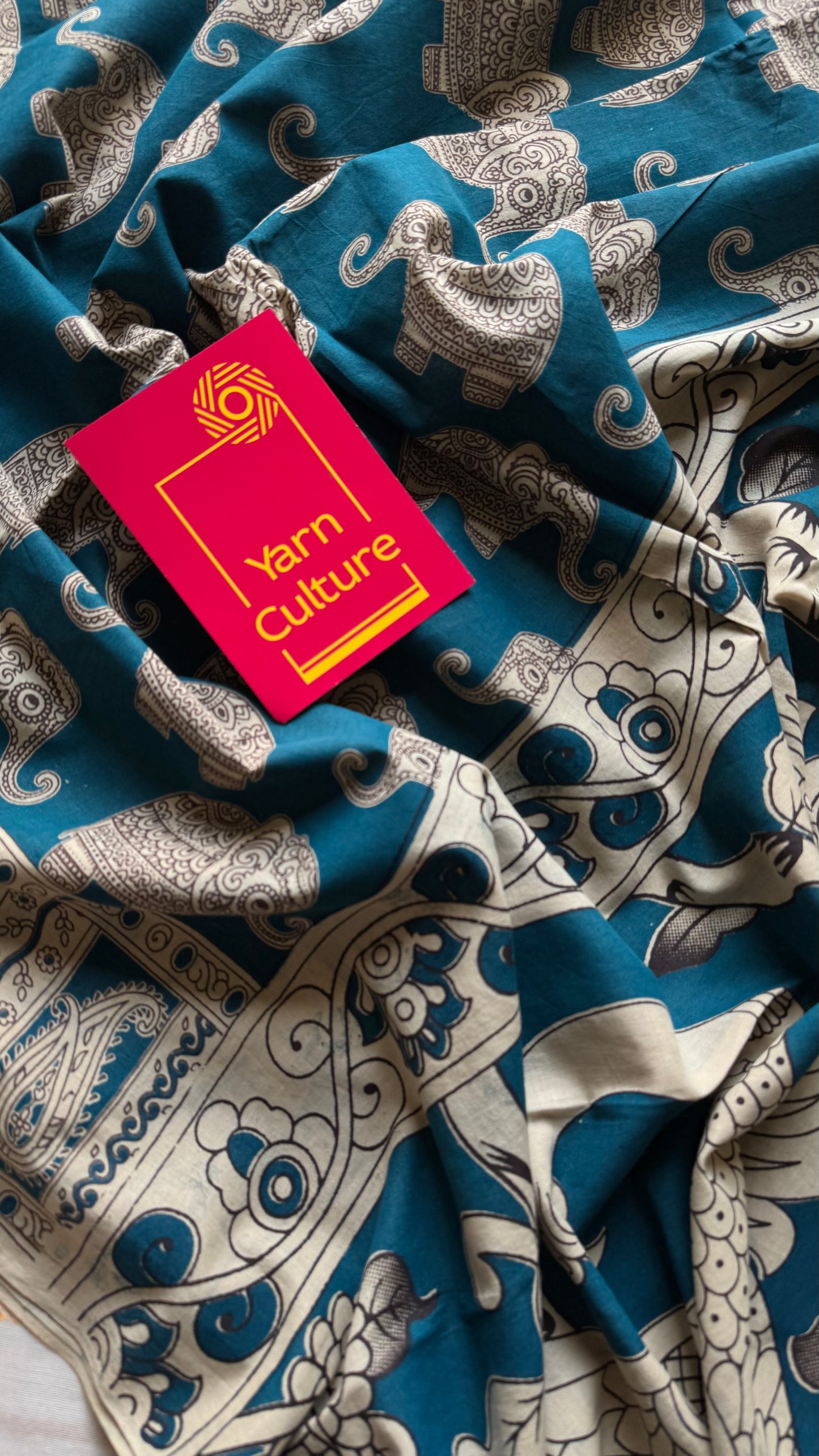 Peacock blue kalamkari saree, elephant motifs, soft cotton - YCWOTDMA350