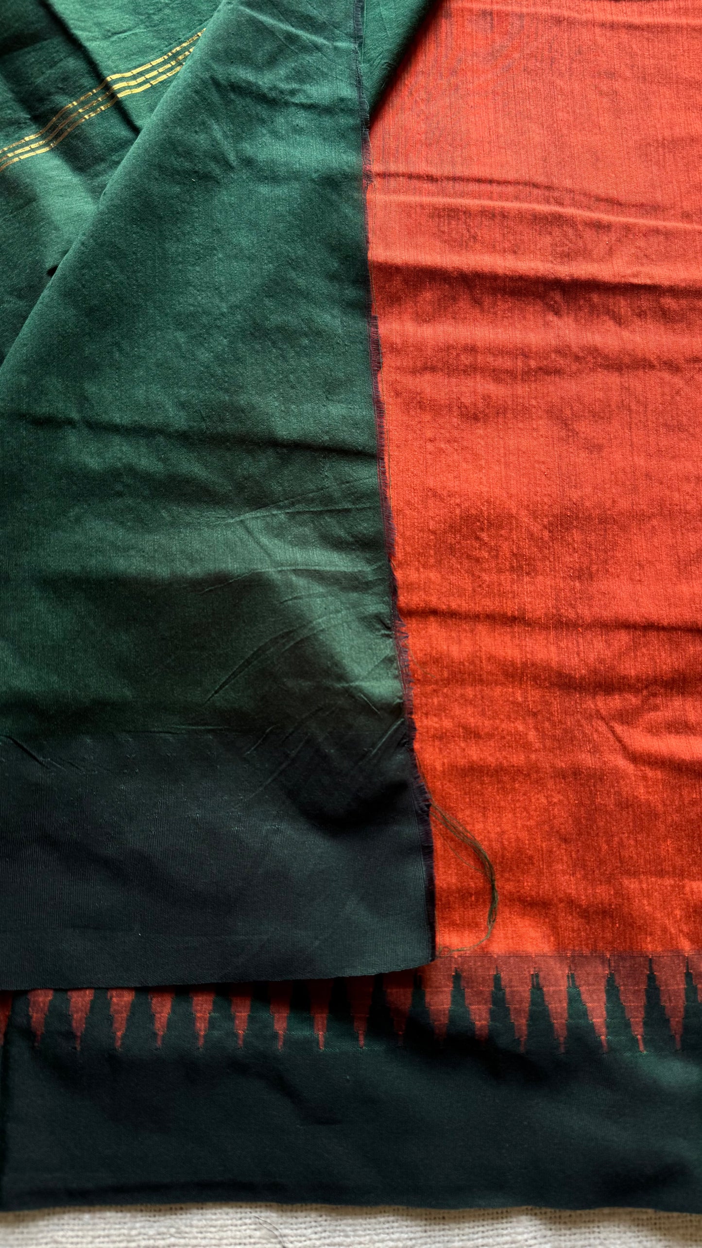 Orange with dark green temple border, cotton silk - YCCOTNCSDE93