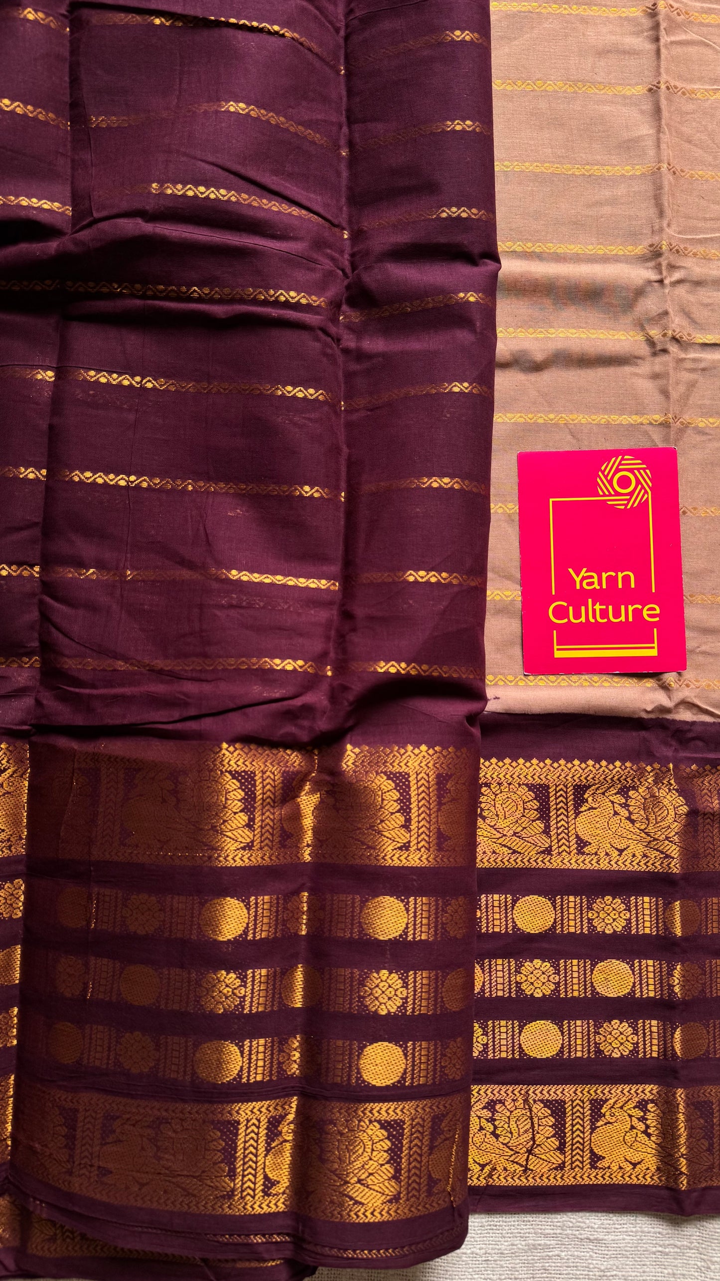 Light brown with maroon, peacock rudraksham motif, single side broad zari - madurai kattuchayam dyed - YCCOTNAURS17