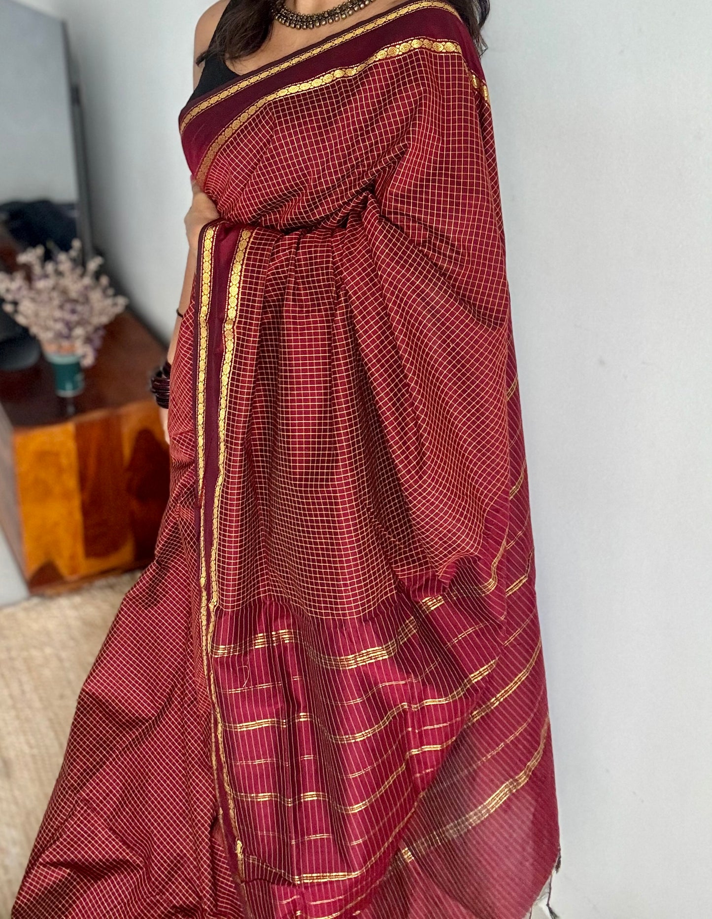 Maroonish brown, arani checks, cotton silk - YCCOTNOCAR07
