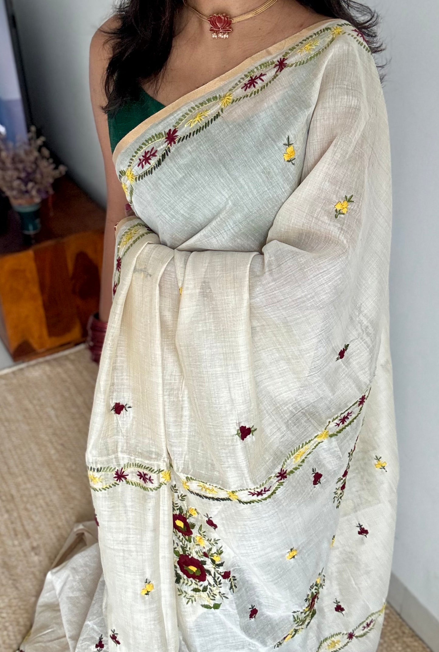 Ivory maheshwari cotton silk blend with deep maroon and light yellow floral kantha threadwork - YCBLJULMK06