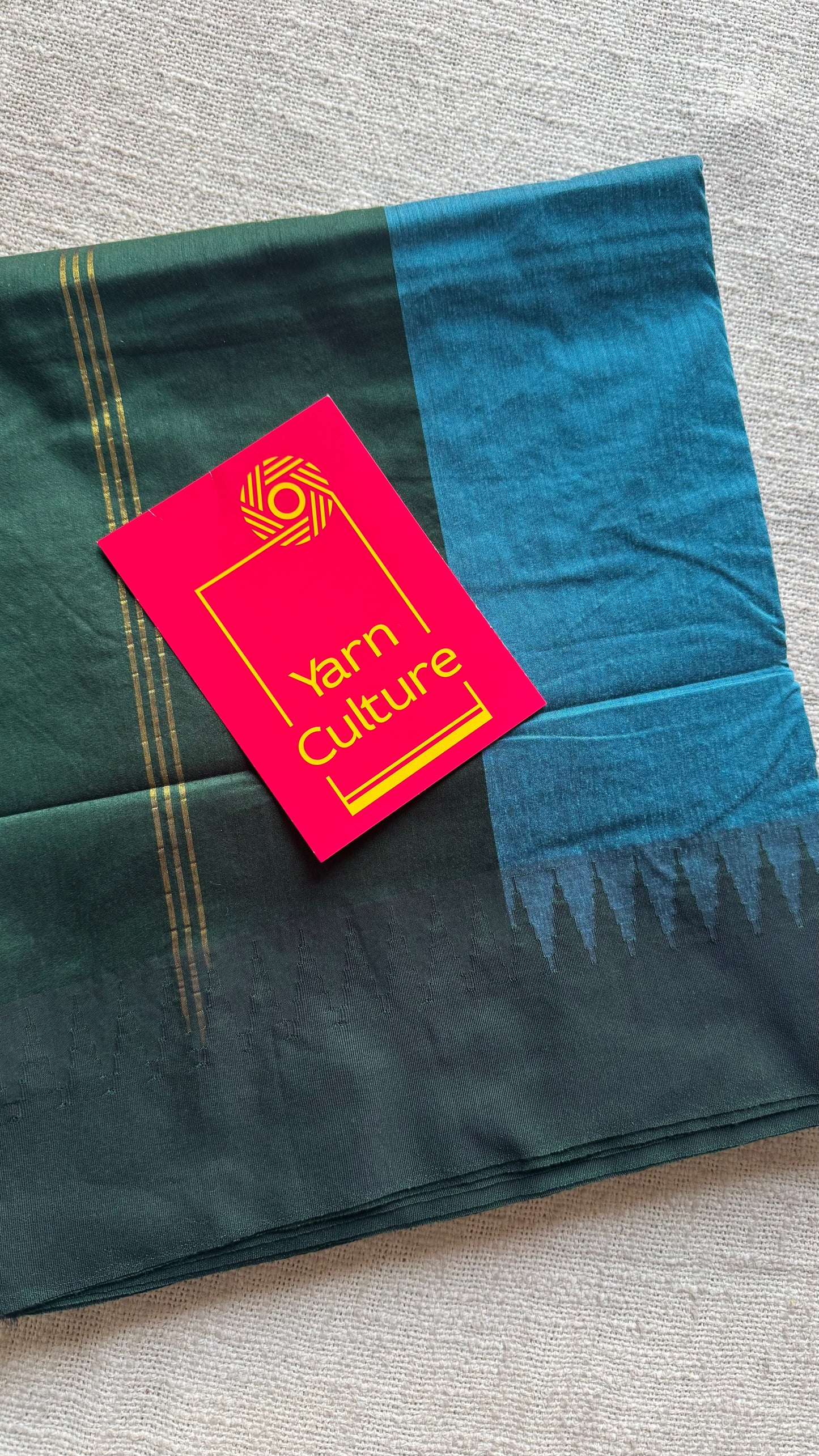 Blue with dark green contrast, temple border saree, cotton silk - YCCOTNTBFE63