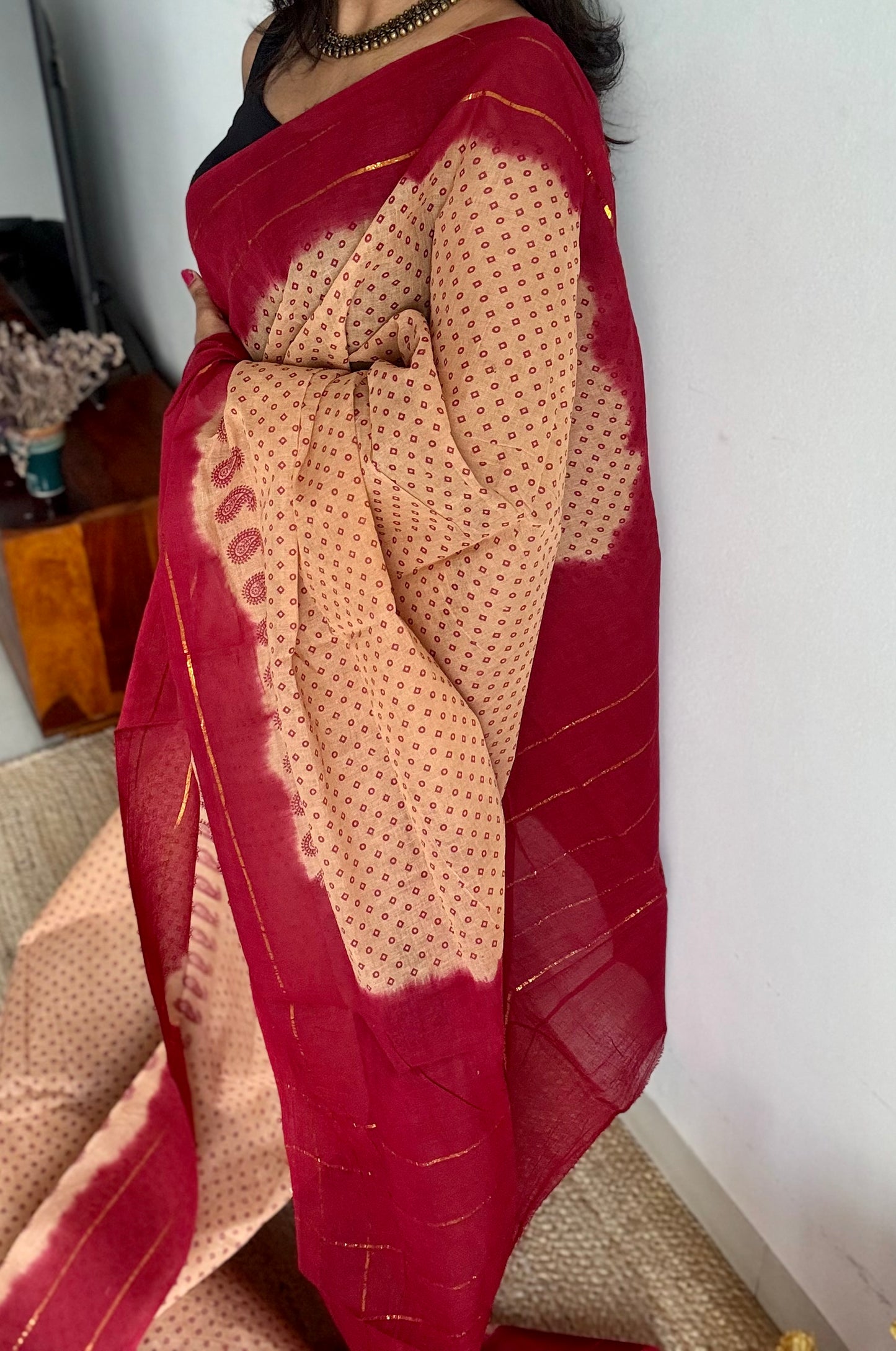 Sandal with red, printed sungudi, madurai cotton - YCCOTNOCSC18