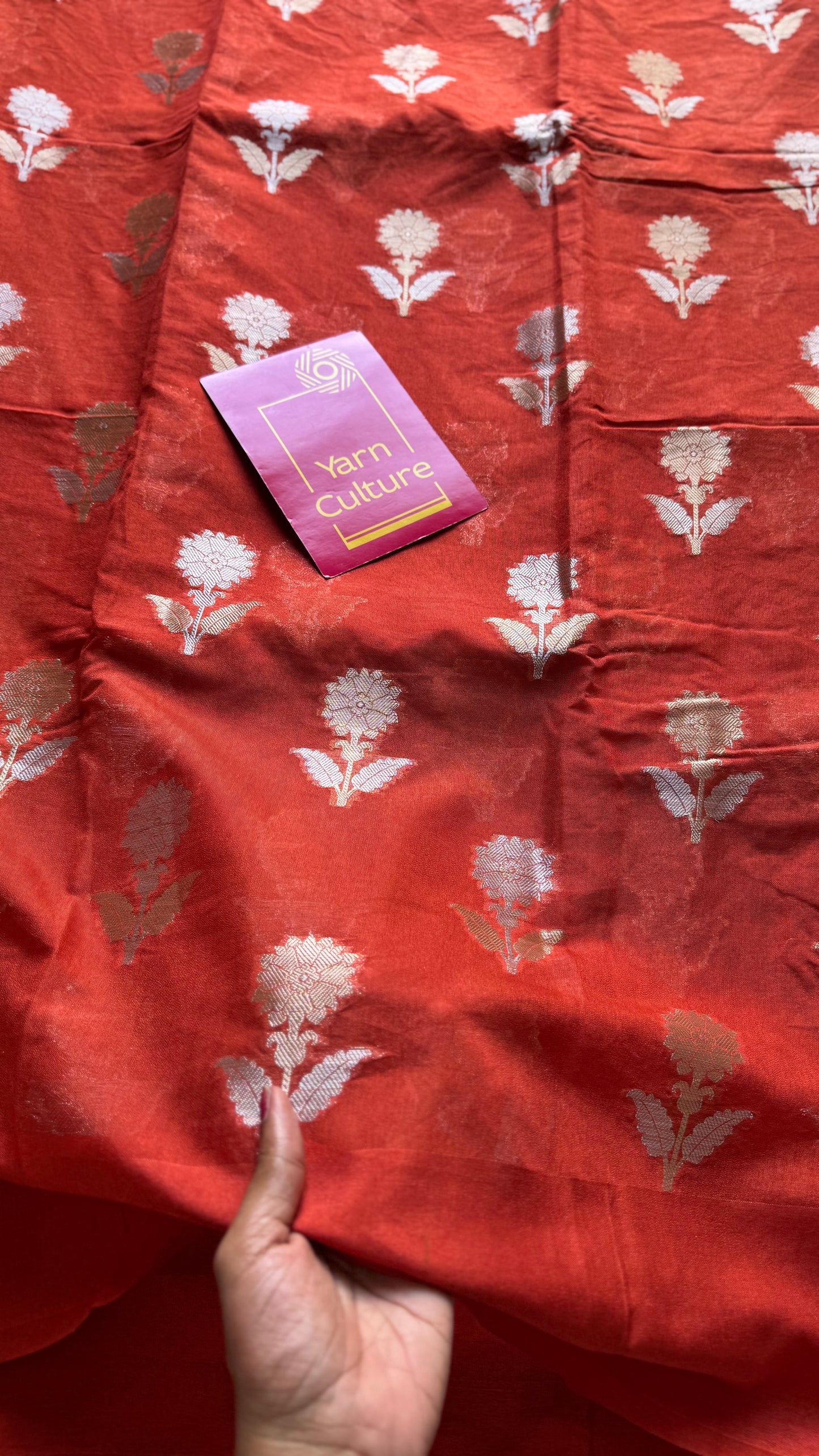Rust orange with gold and silver floral buttas, Banarasi semi-crepe silk - YCDESE50