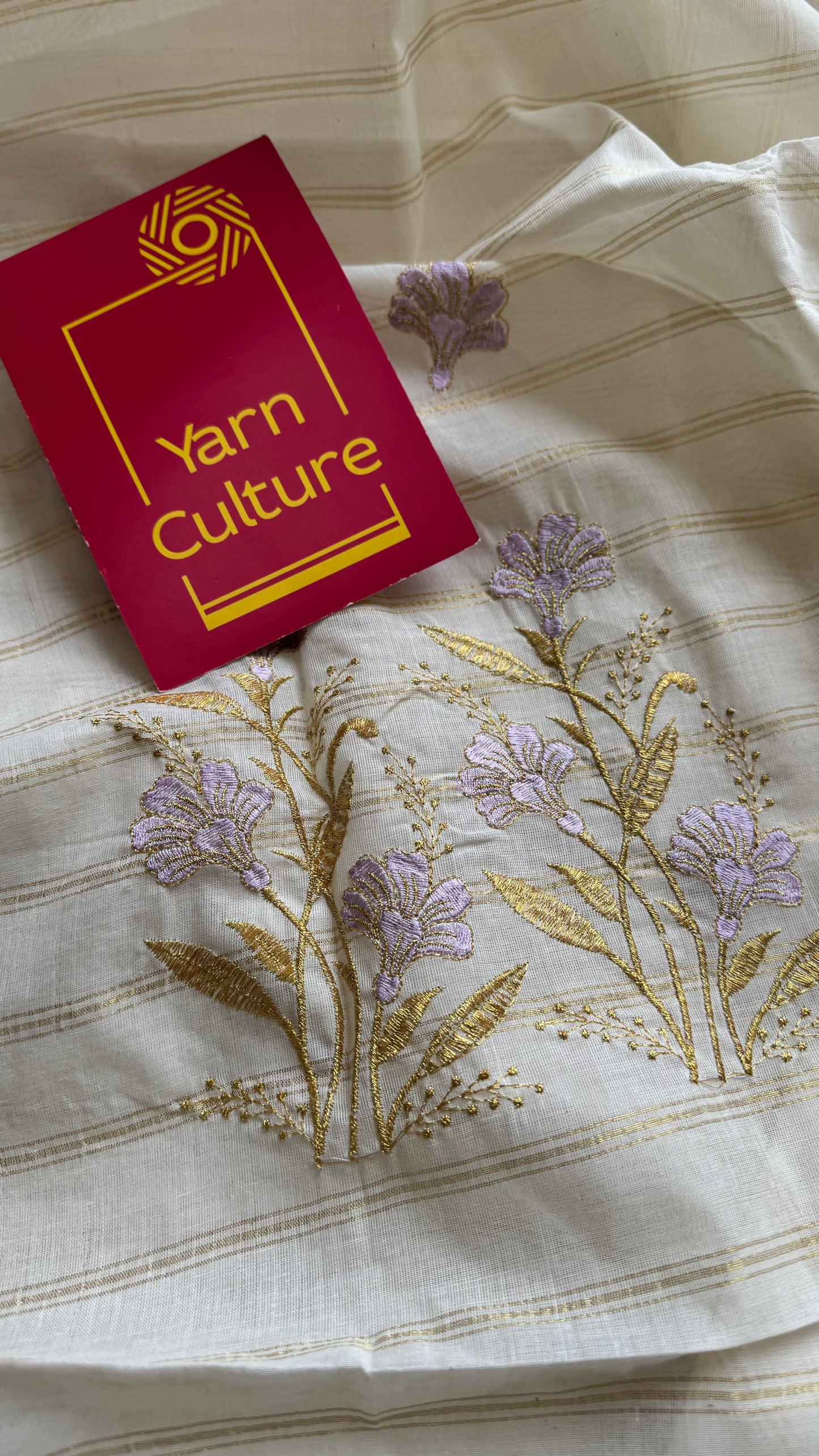 Ivory and gold with lavender flower embroidery, striped zari, kerala cotton - YCON25KCSFE261