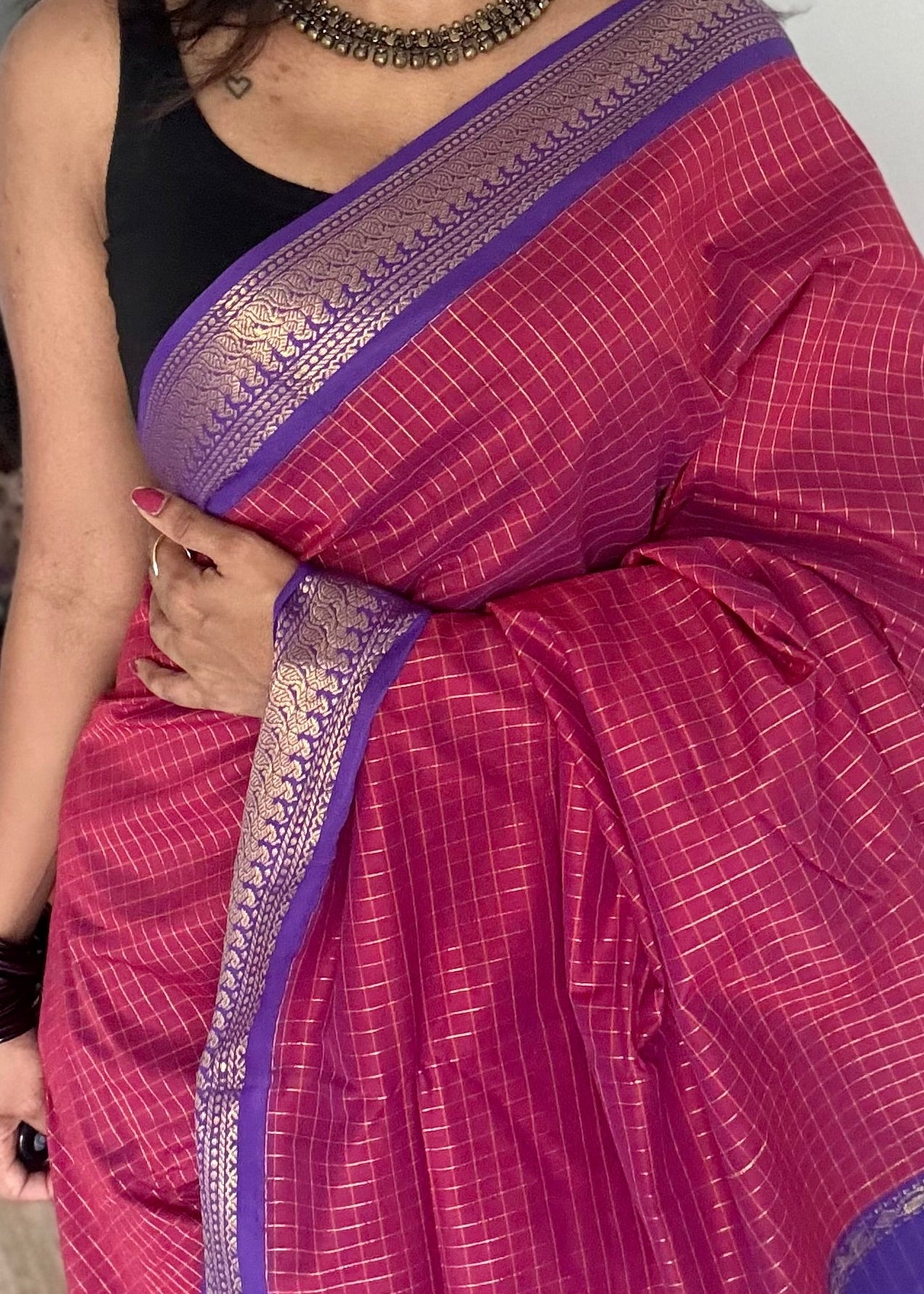Berry pink with purple, checks - cotton silk - YCCOTNOCKC41