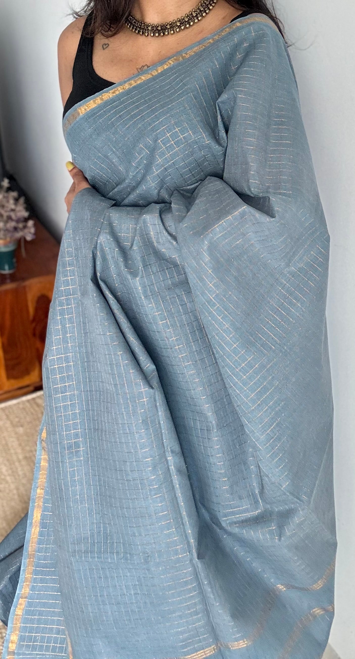 Grey mini kattam sungudi, madurai cotton - YCMCMCS01