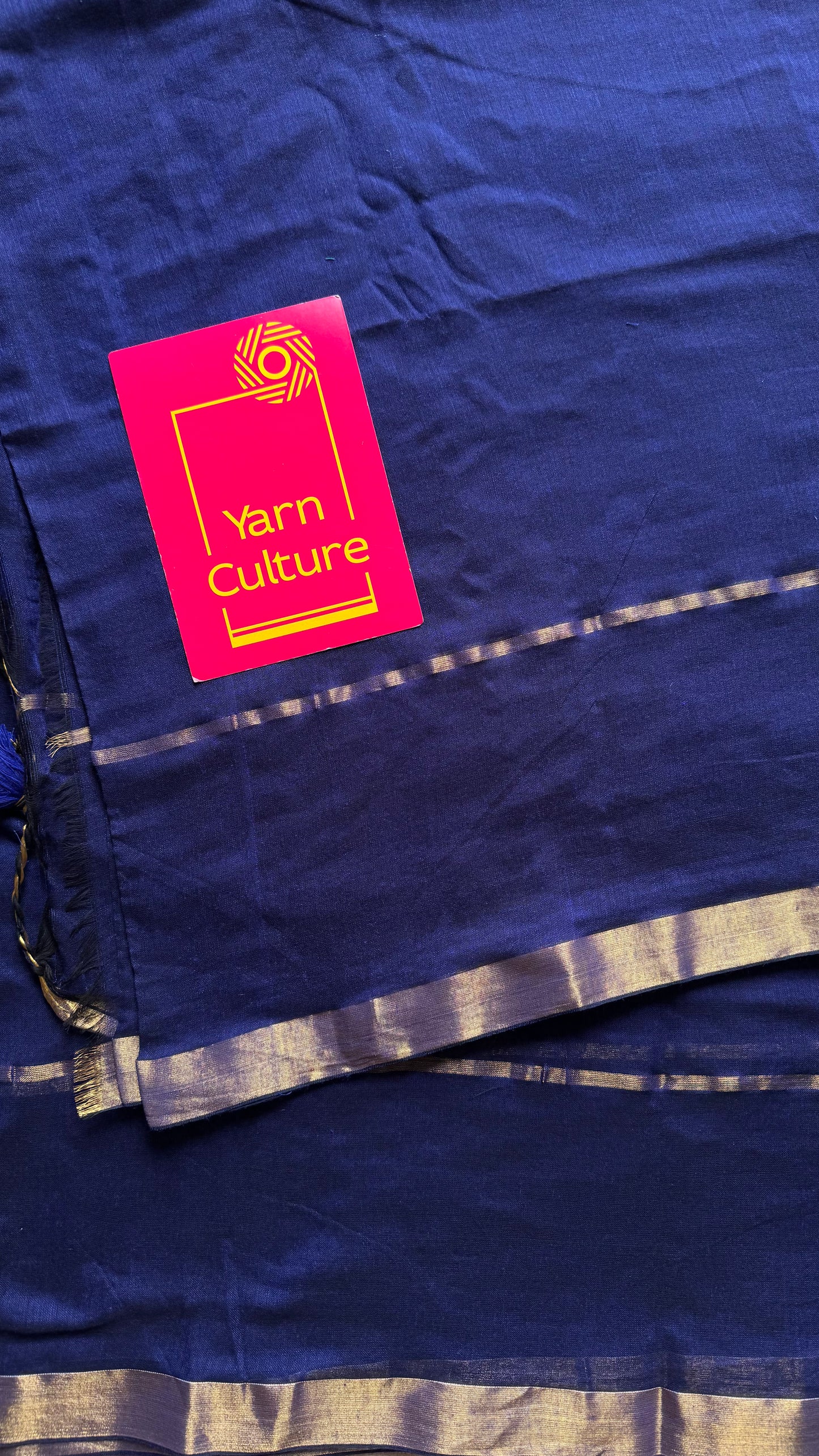 Dark blue mul, antique gold zari, gap border pattern - YCBCMCGZSE73
