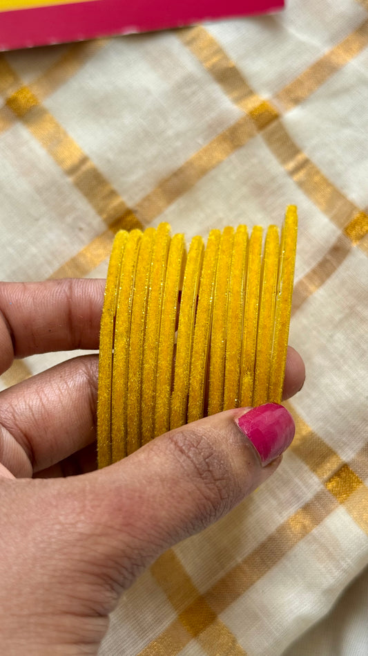 Yellow velvet glass bangles, set of 12 - YCBANGL373