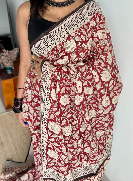 Kumkum - Red with cream floral vines, block print, soft cotton - YCWOTDNOBP94