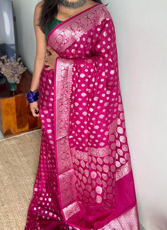 Rani pink, silver buttas and zari, Banarasi semi-silk - YCDESE43