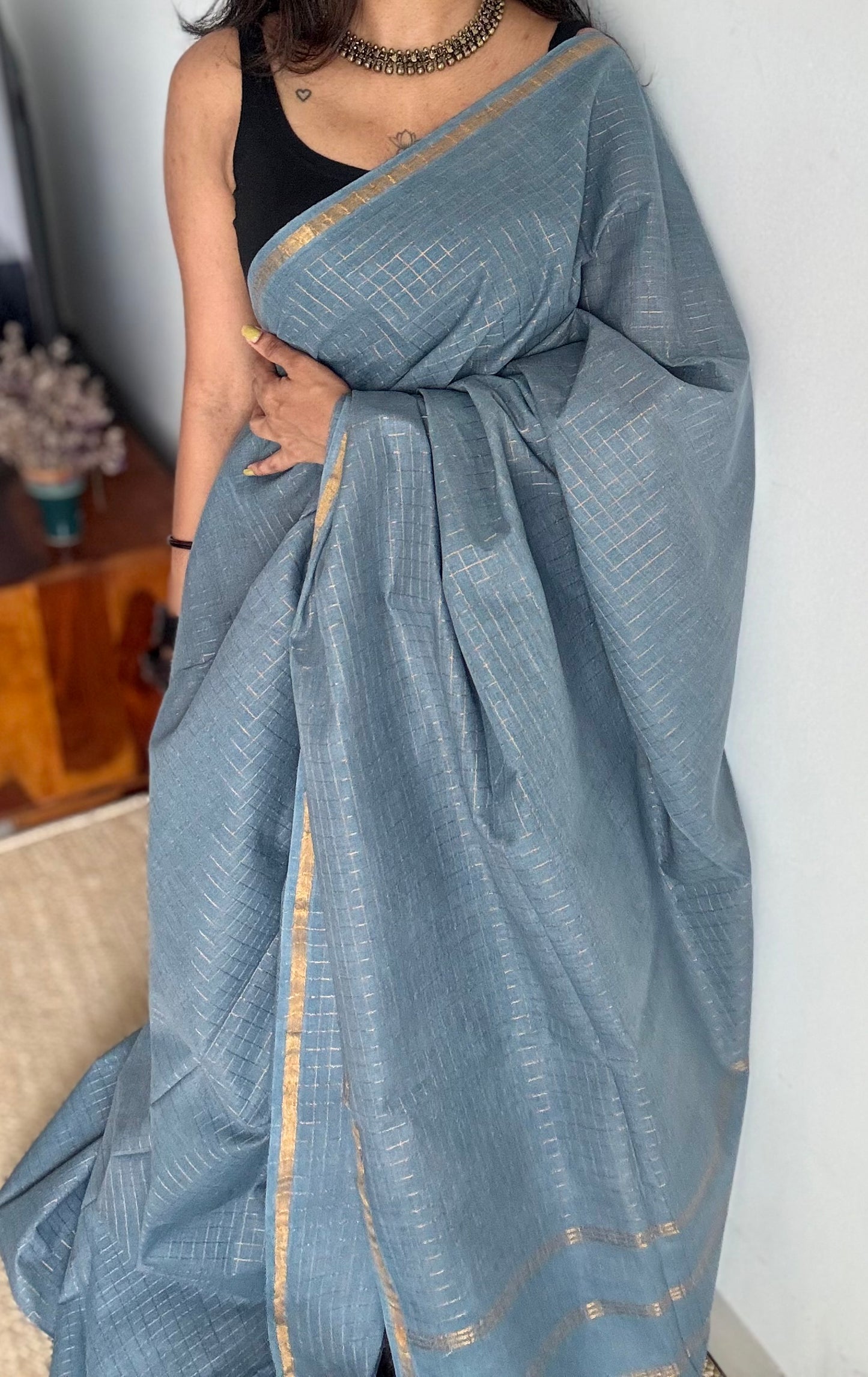 Grey mini kattam sungudi, madurai cotton - YCMCMCS01