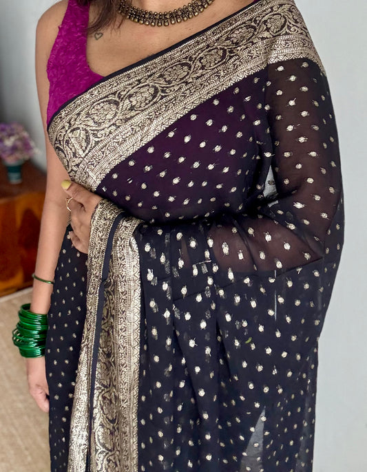 Black viscose georgette saree with zari motifs - YCDOSFE206