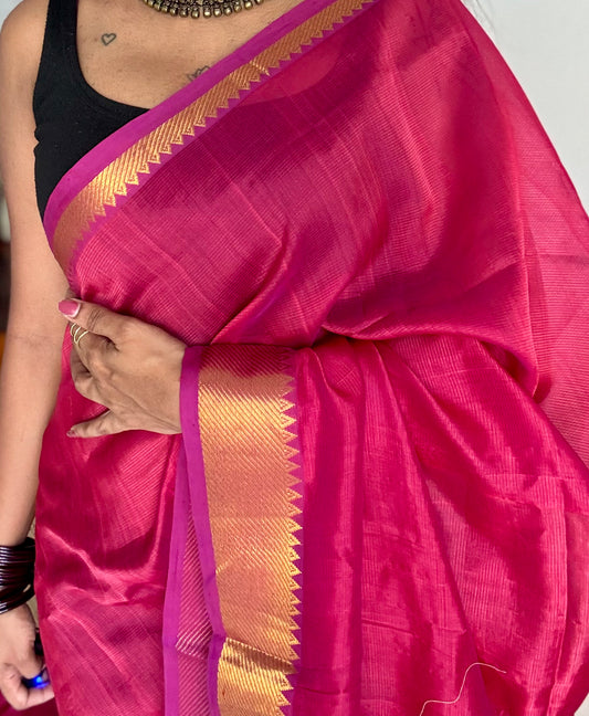 Plain hot pink dual tone with gold zari border, mangalgiri silk cotton, handwoven, soft, light weight - YCWOTDMSAP224