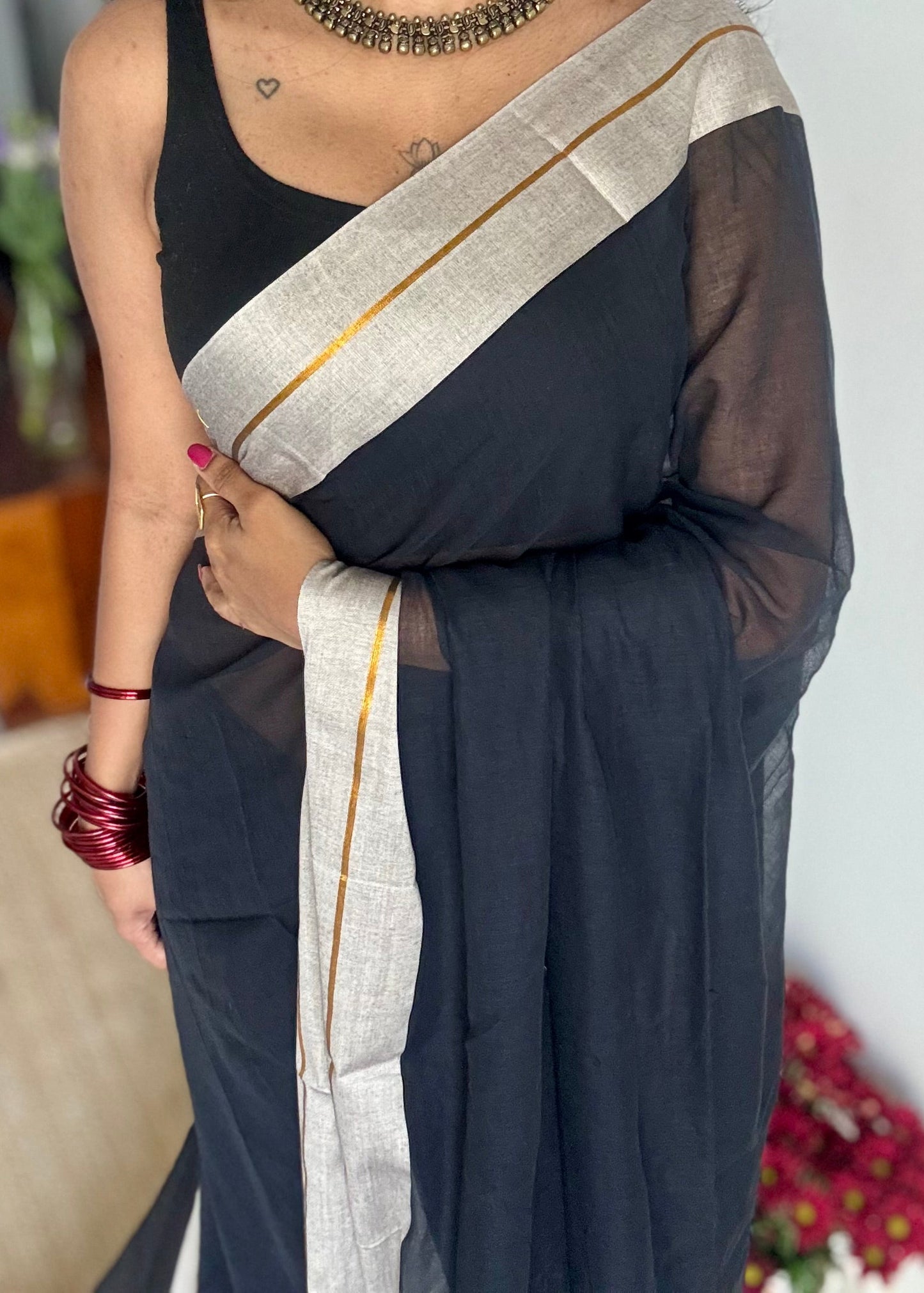 Black with grey border mul, thin antique gold zari gap border - YCBCMCLSE43