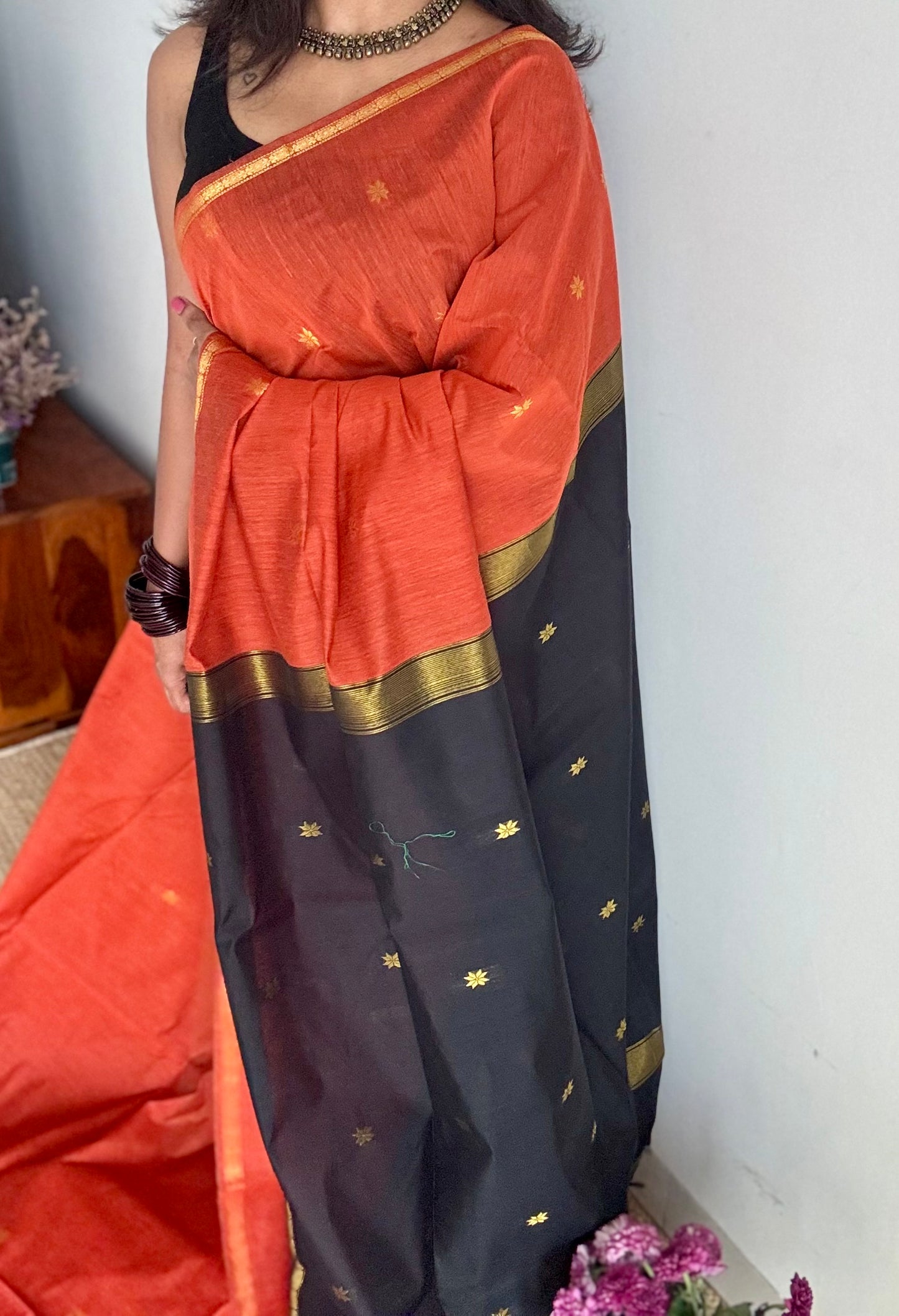 Orange with black, gold buttas, semi maheshwari cotton silk - YCCOTNFEJUSM01