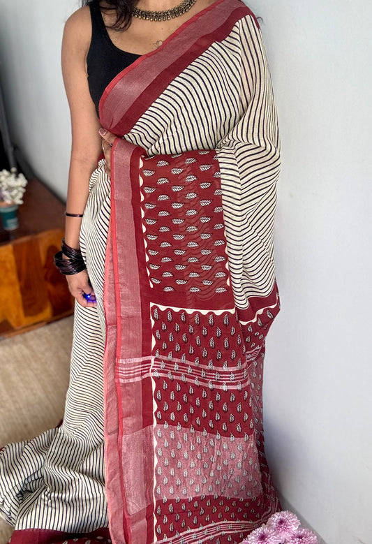 Cream and maroon striped linen, silver zari border - YCTORNOP19