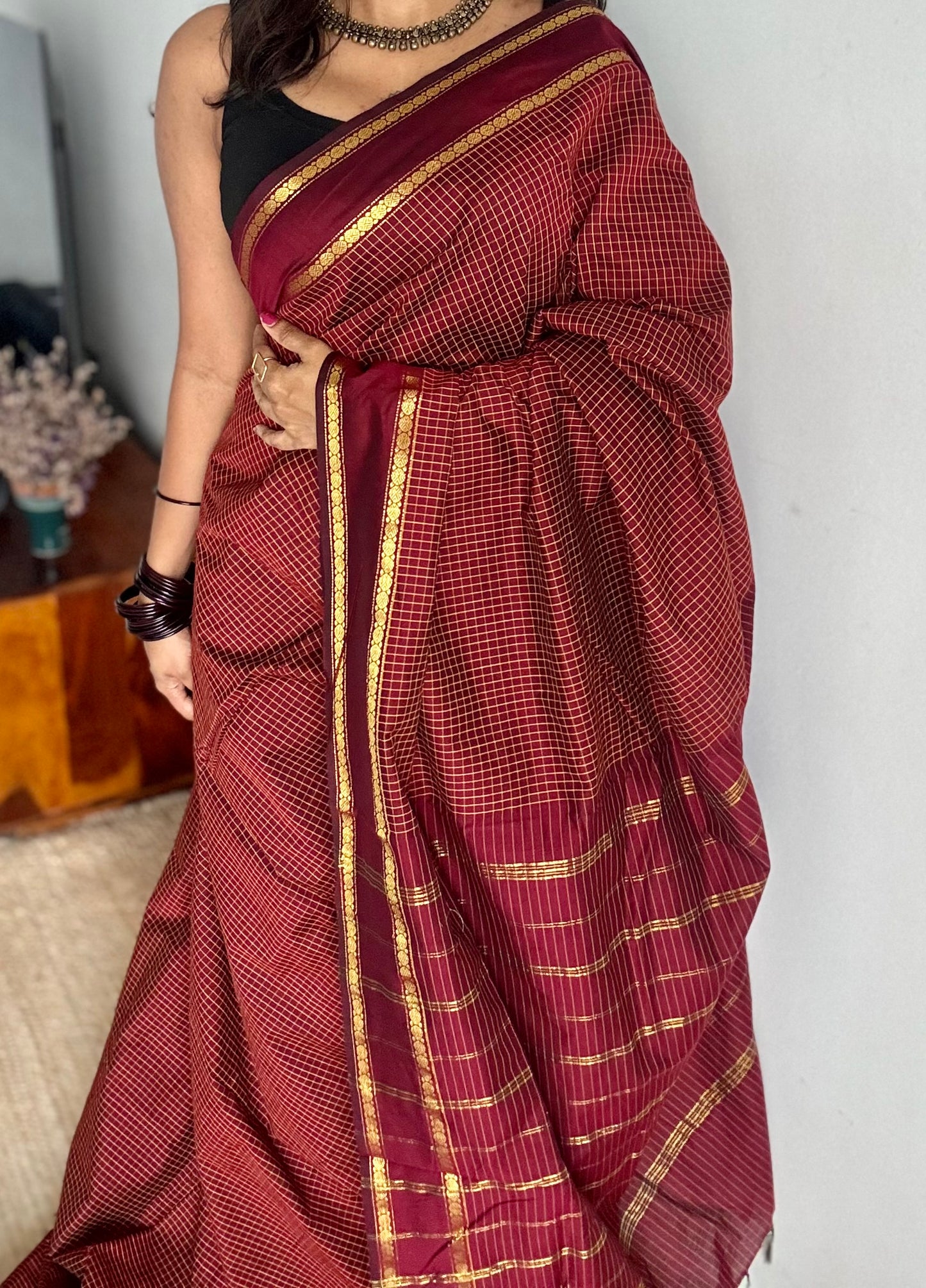 Maroonish brown, arani checks, cotton silk - YCCOTNOCAR07